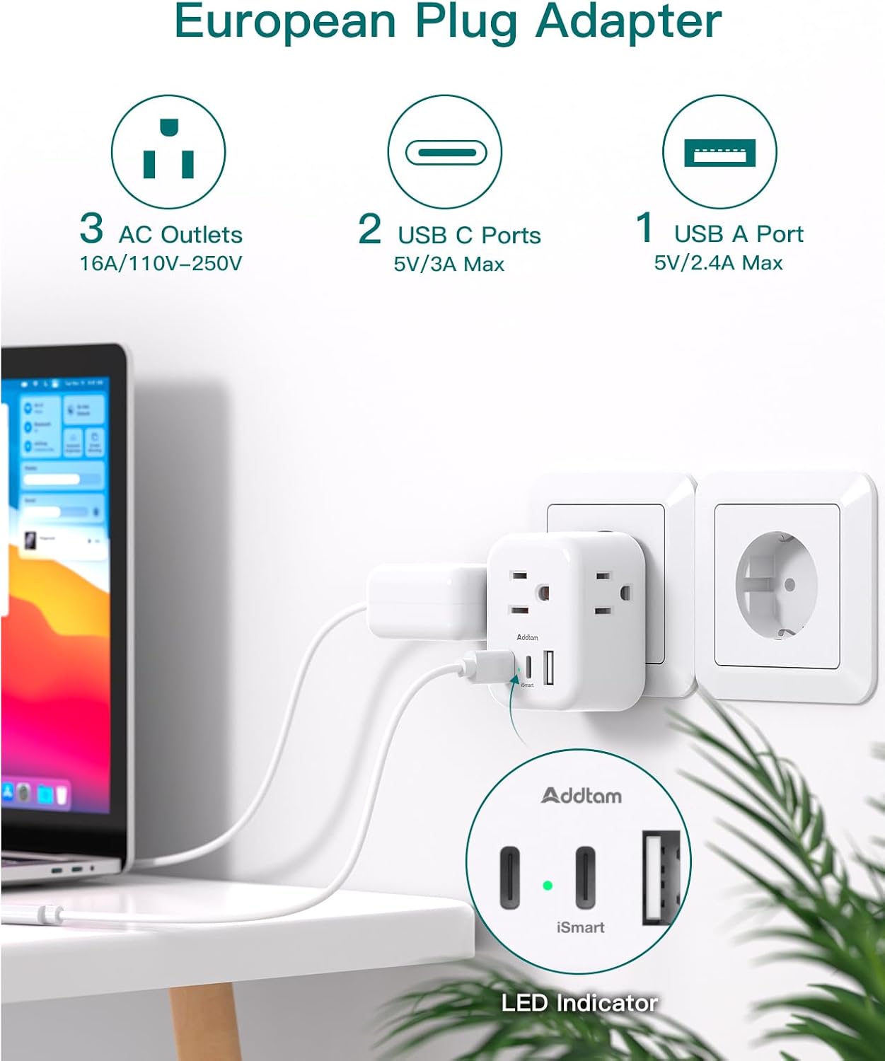 European Travel Plug Adapter, Addtam International Power Adapter with 3 Outlets 3 USB Charging Ports(2 USB C), Type C Adapter Travel Essentials to Most Europe EU Spain Italy France - Image 2