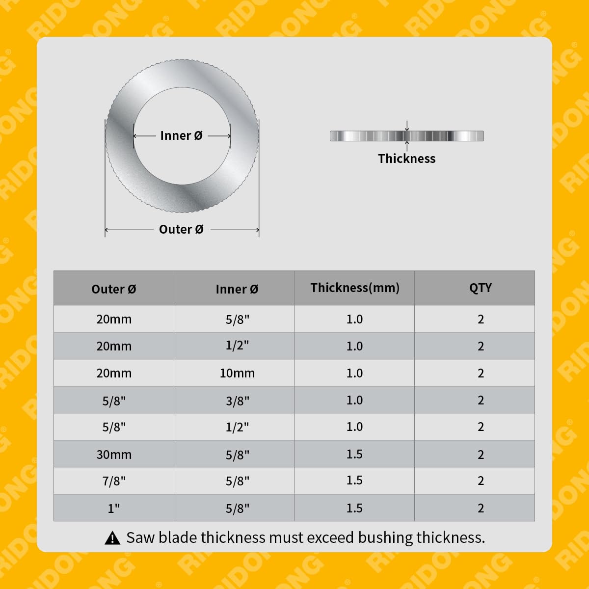 Saw Blade Bushing Set Adapter Ring, Reduction Ring Combo - 30mm-5/8'', 20mm-5/8'', 7/8''-5/8'', 20mm-1/2'', 1''-5/8'', 20mm-10mm, 3/8''-1/2'' - Pack of 16 - Image 2