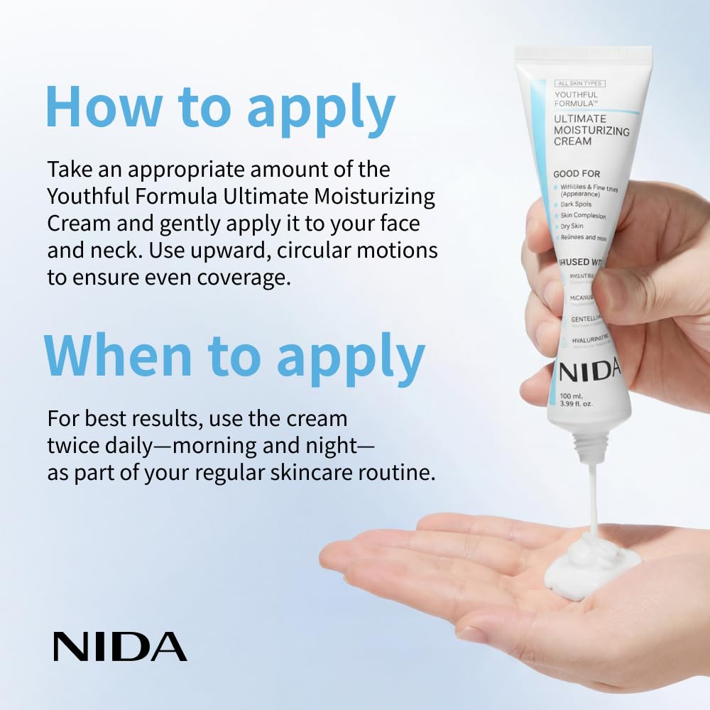 NIDA Youthful Formula™ Ultimate Moisturizing Cream | Centella Asiatica, Niacinamide, Hyaluronic Acid, Collagen | Wrinkles, Fine Lines, Dark Spots, Dry Skin, Redness | 3.38 fl. oz., 100ml - Image 5