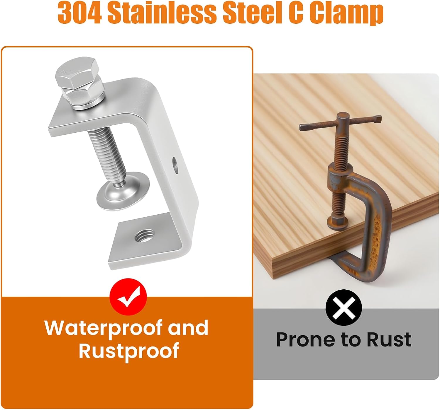 2-9/16 Inch C Clamp, 2 Pcs 304 Stainless Steel C Clamps, for WoodWorking, Small U Clamps for Mounting, Mini Desk Clamps with Stable Wide Jaw Opening & Protective Pads/I-Beam Design (65mm) - Image 3