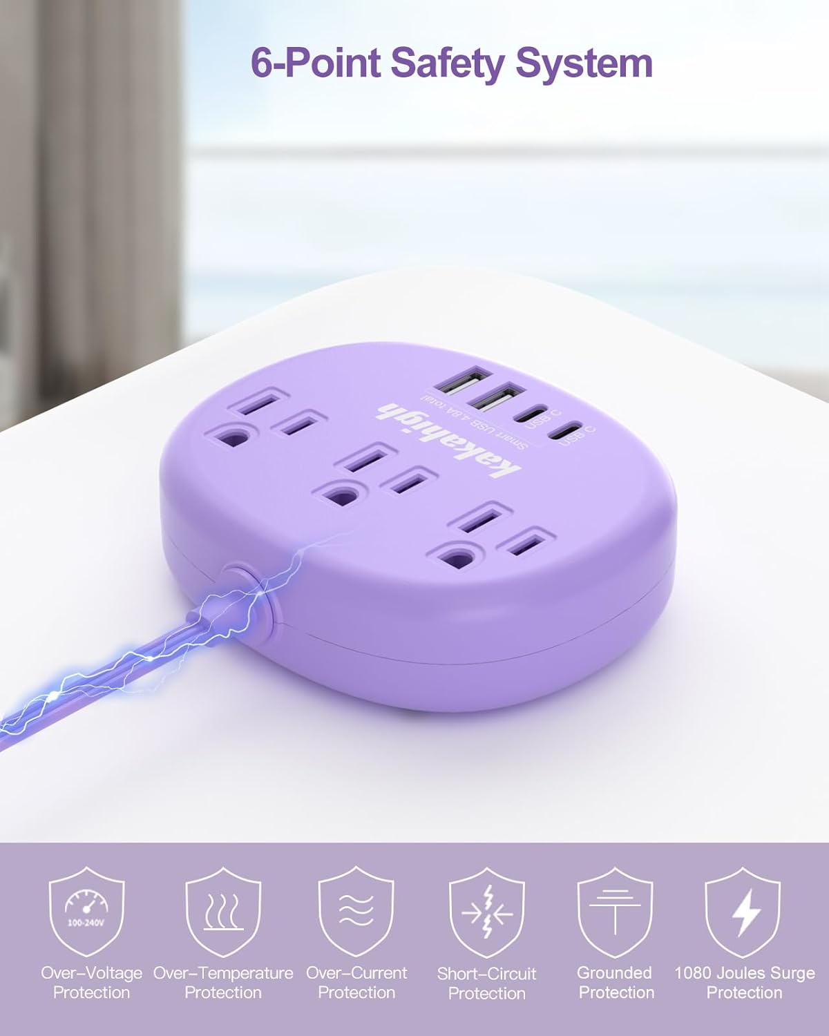 Purple Extension Cord with USB C - 5 FT Flat Power Strip, 1625W Cute Extension Cord with 3 AC Outlet 4 USB (24W/4.8A), Compact for Cute Purple Kawaii Lavender Accessories - Image 7