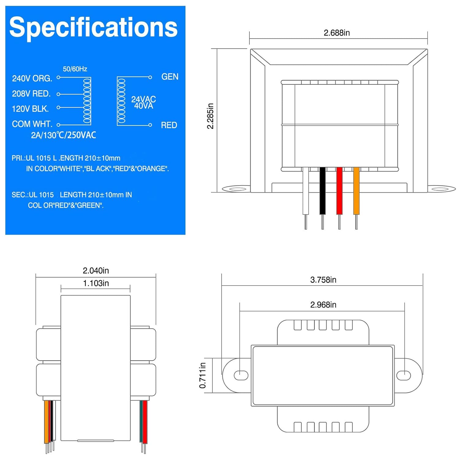 24V 40VA Control Transformer, Primary 120/208/240V, Secondary 24V Isolation Transformer with Foot Mount for HVAC Furnace Multi Tap - Image 5