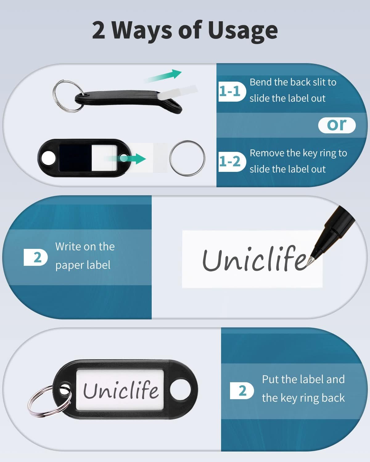 Uniclife 10 Pieces Key Tags 2 Inch Soft Plastic Key Chain Tags with Blank Paper Labels Clear Windows Protective Films and Split Rings Flexible Item Identifiers, Black - Image 5