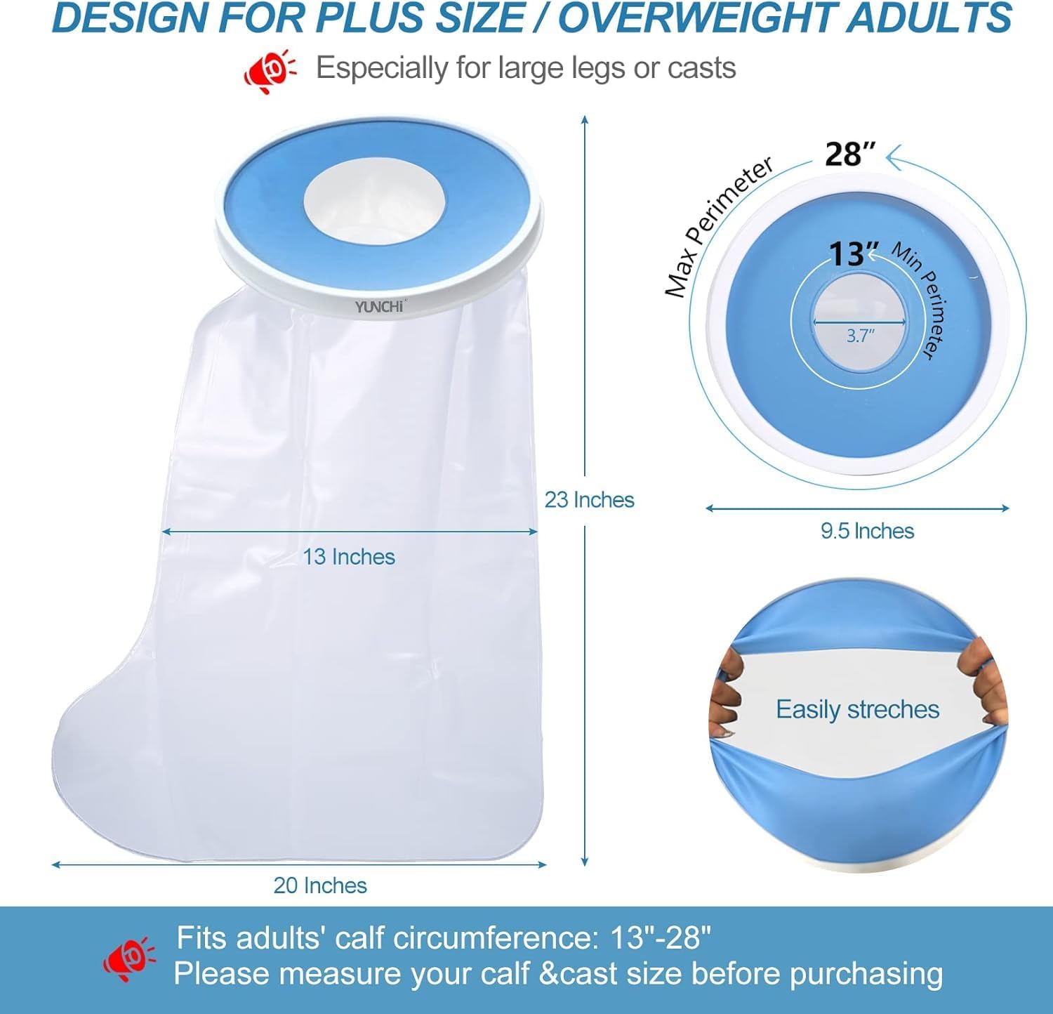 YUNCHI Waterproof Cast Cover for Shower, Extra Wide Leg & Foot Protector for Adults, XL Size, Fits Calf 13 to 28 Inches - Image 3