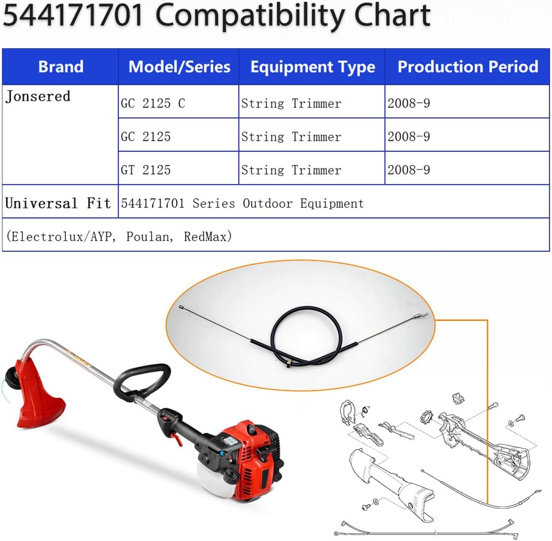 544171701 Throttle Cable for Husqvarna Jonsered Trimmer Mower - Replaces 503878601 503878602 537052501 544 17 17-01 - Image 5