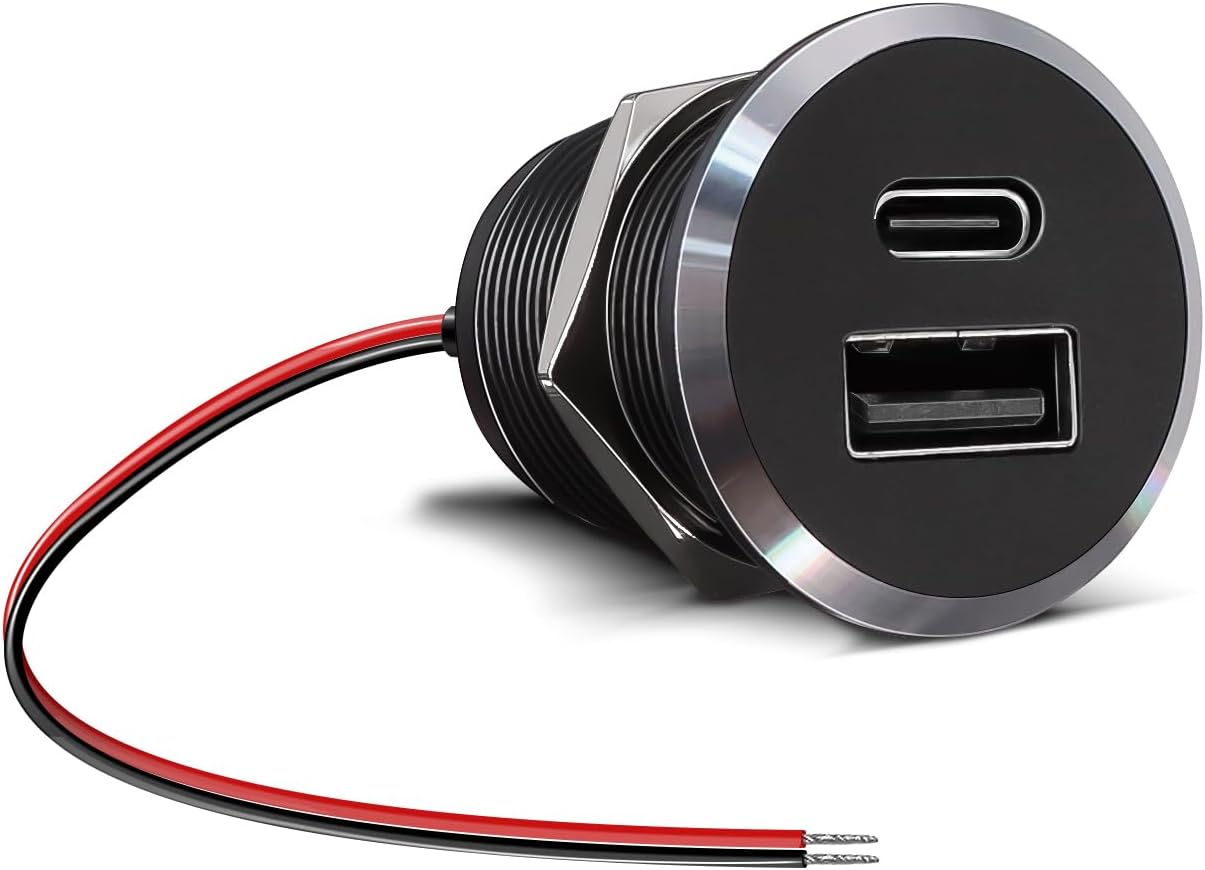 12V USB Outlet All-Aluminum QC 3.0 USB-A & USB-C PD3.0 Dual Fast Car Charger Socket, Recessed Mount Car USB Port for Car Truck Boat RV Camper Van Trailer (Small Version)