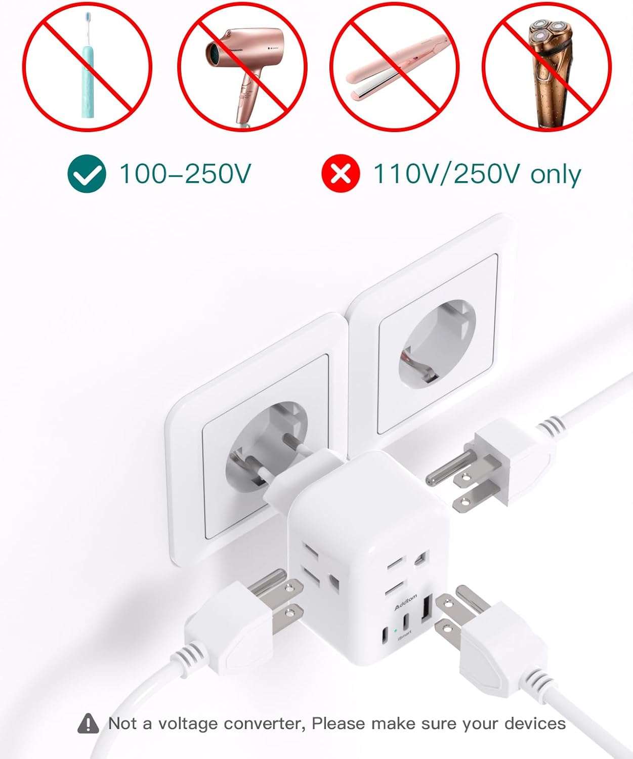 European Travel Plug Adapter, Addtam International Power Adapter with 3 Outlets 3 USB Charging Ports(2 USB C), Type C Adapter Travel Essentials to Most Europe EU Spain Italy France - Image 6