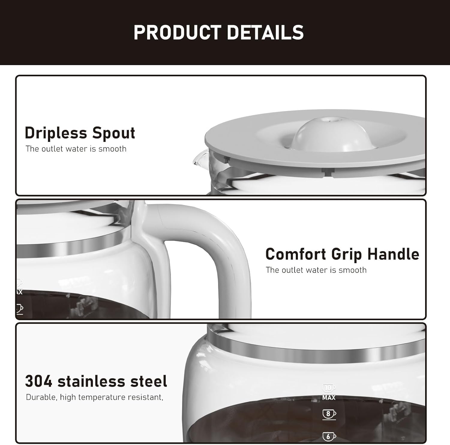 DCGC01 10-Cups Replacement Glass Carafe Pot Compatible with Smeg DCGC01 DCF02 DCG01 Overflow Coffee Maker - Image 4