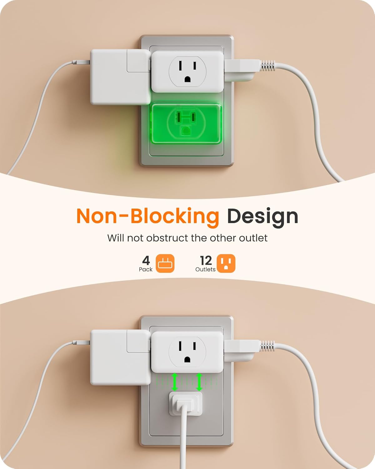 LENCENT 2 Prong to 3 Prong Outlet Adapter, Wall Plug Extender, Multiple Outlet Wall Plug with 3 AC Outlets, Non Grounded Outlets Expander for Japan Travel Kitchen Office Bathroom Older House, 4 Pack - Image 3