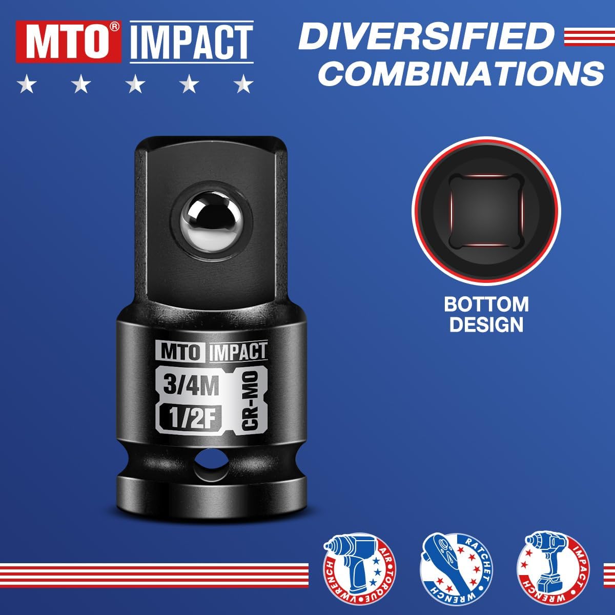 MTO 1/2" Female to 3/4" Male Impact Socket Adapter, 1/2-Inch Impact Socket Adapter, Chrome Molybdenum Alloy Steel - Image 3