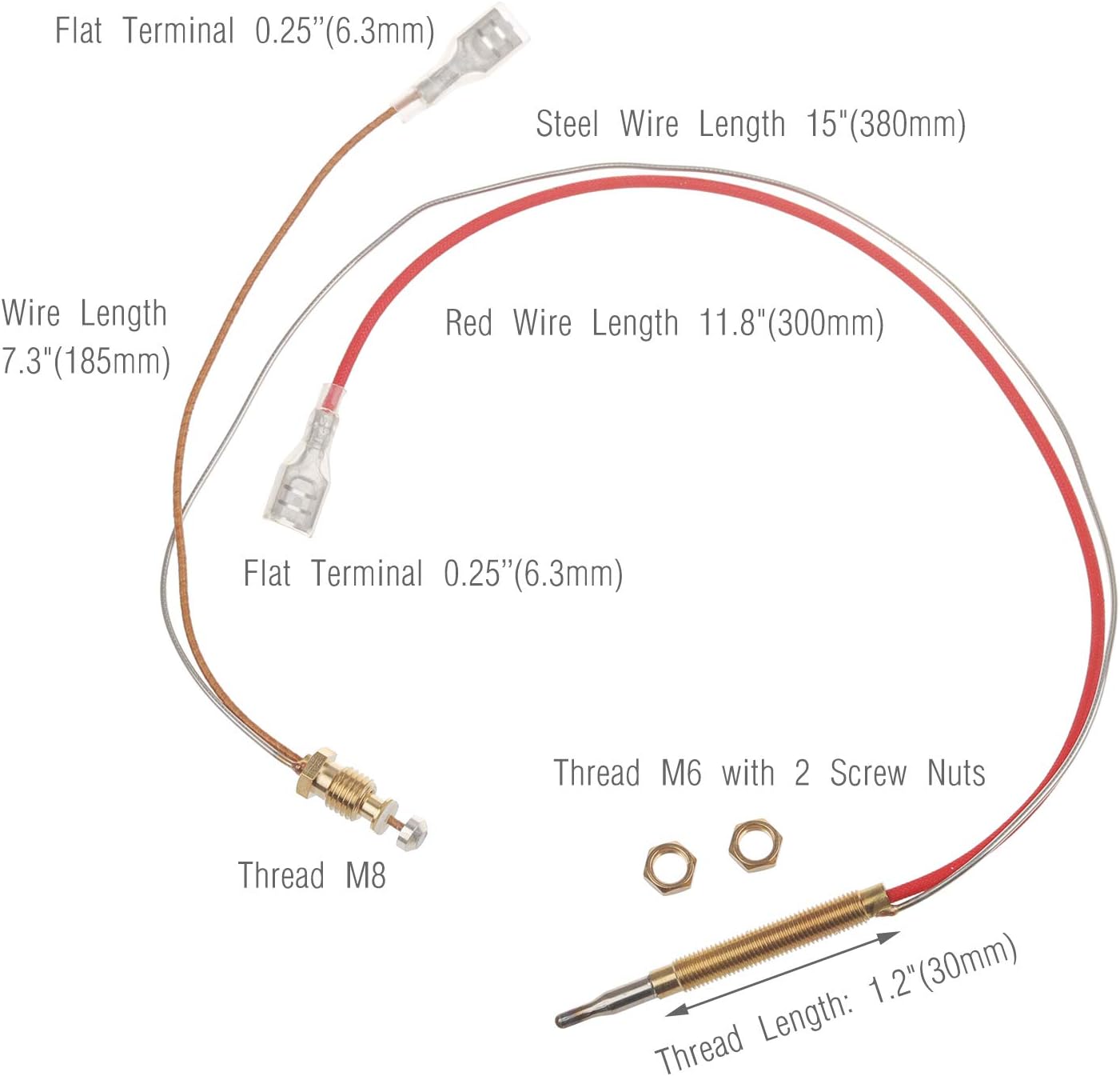 Outdoor Patio Heater Thermocouple Sensor and Tip Over Switch, with M8 x 1 End Connection Nuts, M6 x 0.75 Thermocouple Head Thread and 2 Screw Nuts, 16.2" Length Wire and 0.25'' Flat Terminal - Image 3