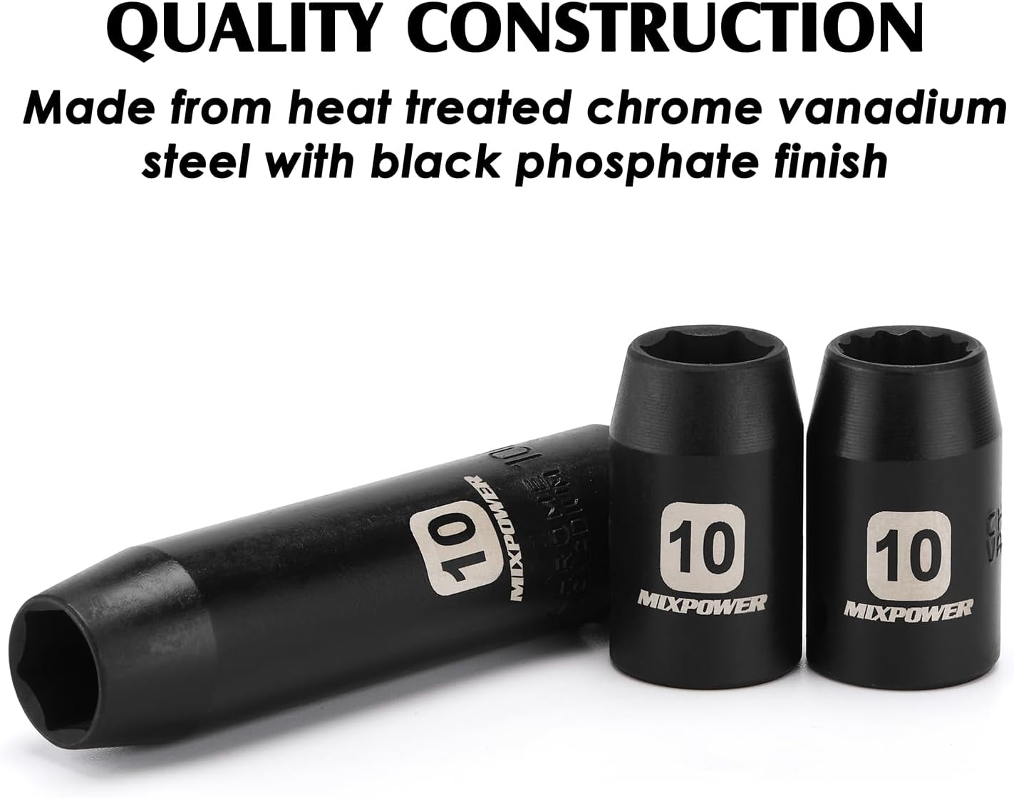 MIXPOWER 6PCS 3/8"Drive 10mm Deep&Shallow Socket, 6 Point & 12 Point, CR-V, Metric, Black Phosphate Finish… - Image 3