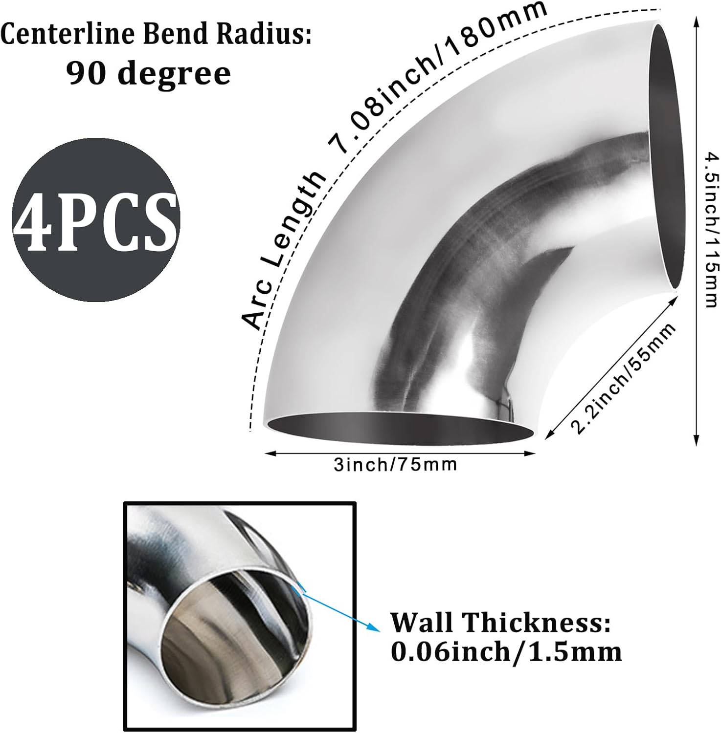 Acrux7 4 Pack 3 Inch 90 Degree Exhaust Pipes Stainless Steel Exhaust Elbow 1.5mm Thickness Mandrel Bend - Image 2