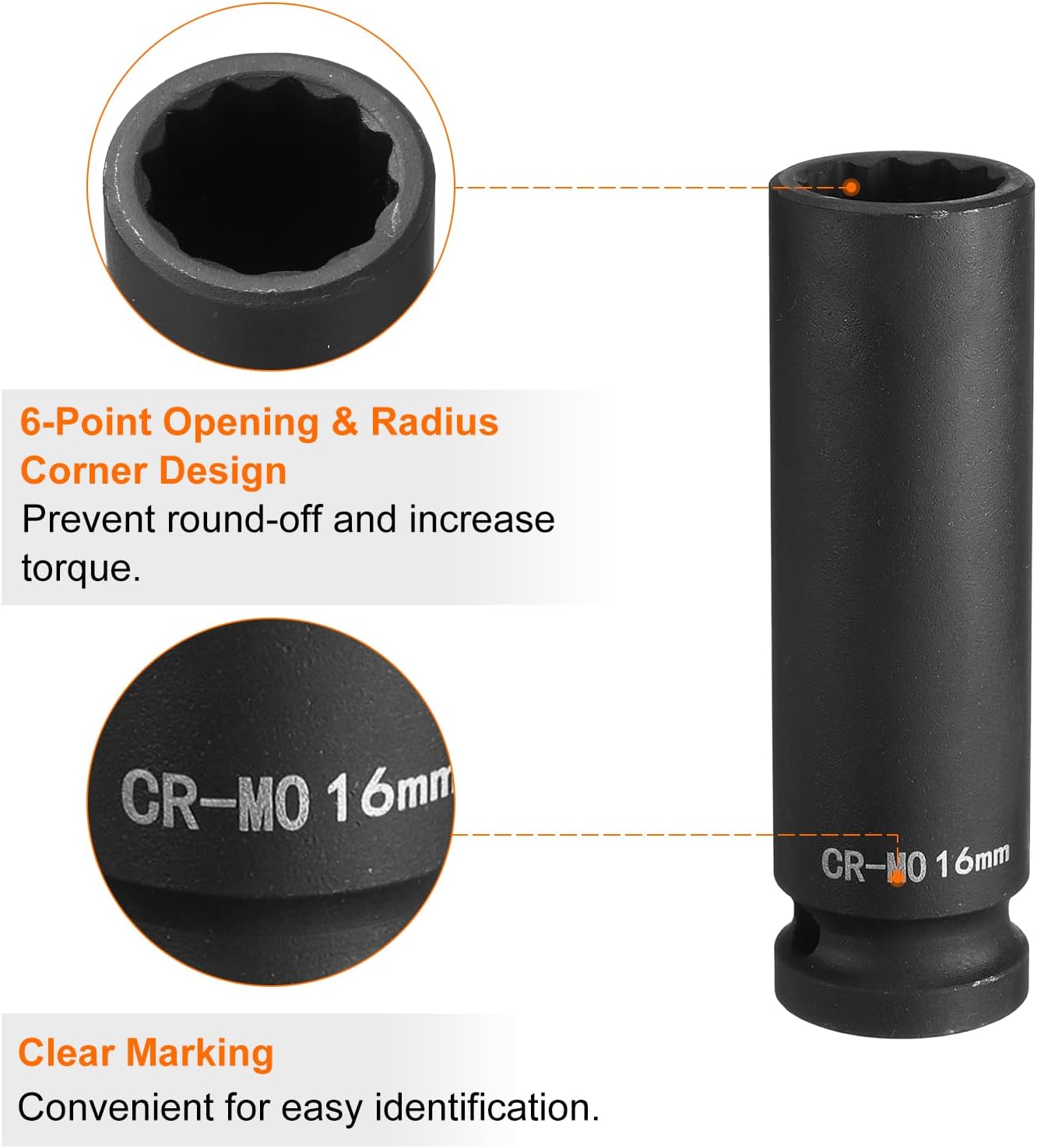 HARFINGTON 12-Point Deep Impact Socket 1/2 Inch Drive 16mm Metric Chrome Molybdenum Alloy Steel Spindle Axle Nut Impact Socket - Image 4