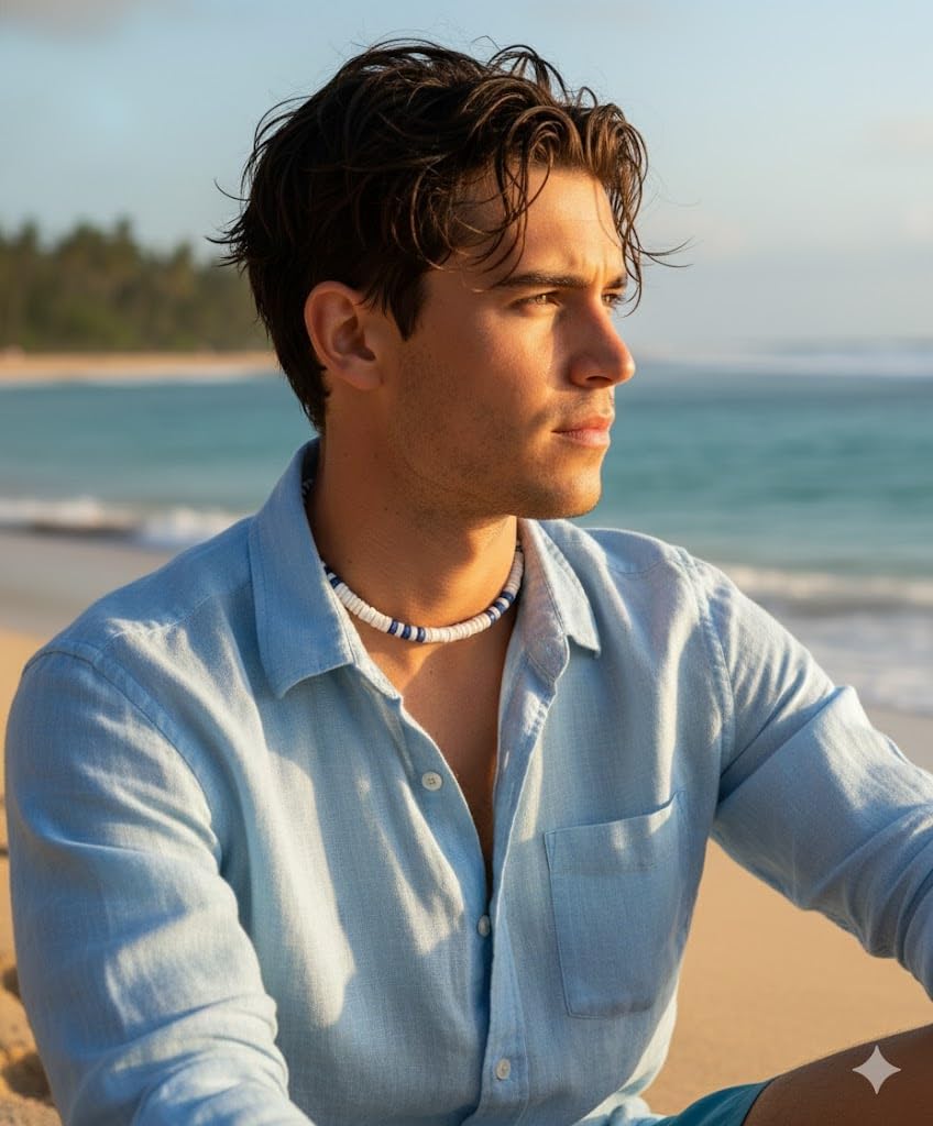 Native Treasure 5mm White Clam Heishi Puka Shell Necklace for Men and Women, Blue Coconut Bead Accents, Surfer Beach Style Jewelry, Handmade in the Philippines, Stainless Steel Cable Wire - Image 3