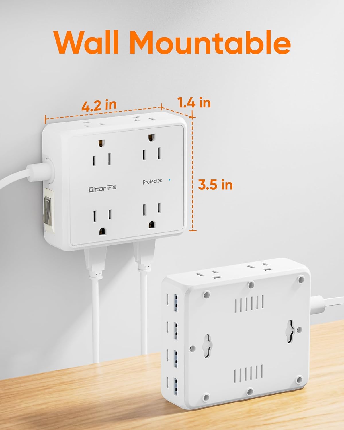 Olcorife Flat Plug Power Strip with 10 FT Extension Cord, 8 Outlets 8 USB Ports(4 USB C), 3 Sided Outlet Extender for Home Office Travel Dorm Room Essentials, White - Image 6