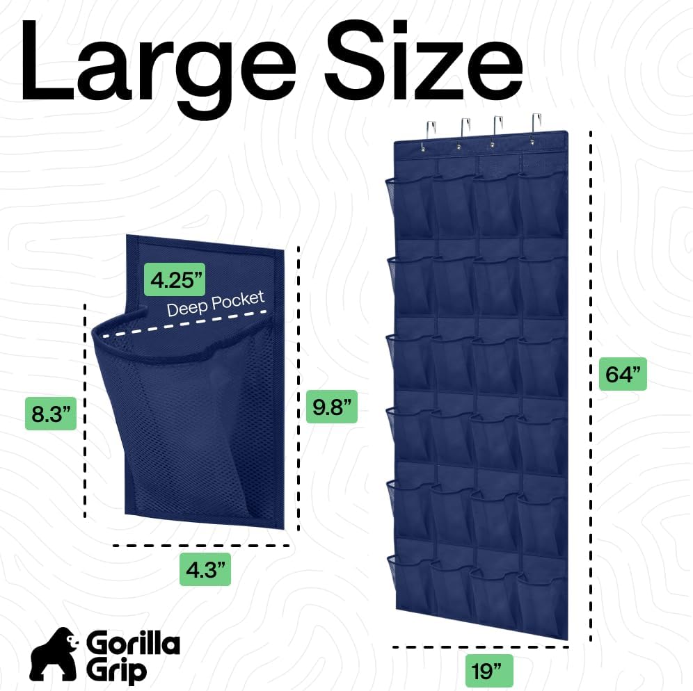 GORILLA GRIP Over the Door Shoe Organizer, 24 Large Breathable Mesh Pockets, Space Saving Hanging Storage Holder, Closet Rack Hanger Holds Up to 40 lbs, Hangs on Closets for Shoes, Accessories, Navy - Image 7