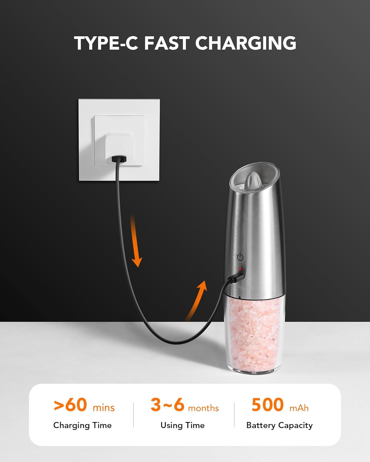 FORLIM Gravity Electric Salt and Pepper Grinder Set, USB Rechargeable 9oz Large Capacity Salt Grinder, Automatic One-Click Grinding One Hand Operated Adjustable Coarseness Pepper Mill(Silver) - Image 4