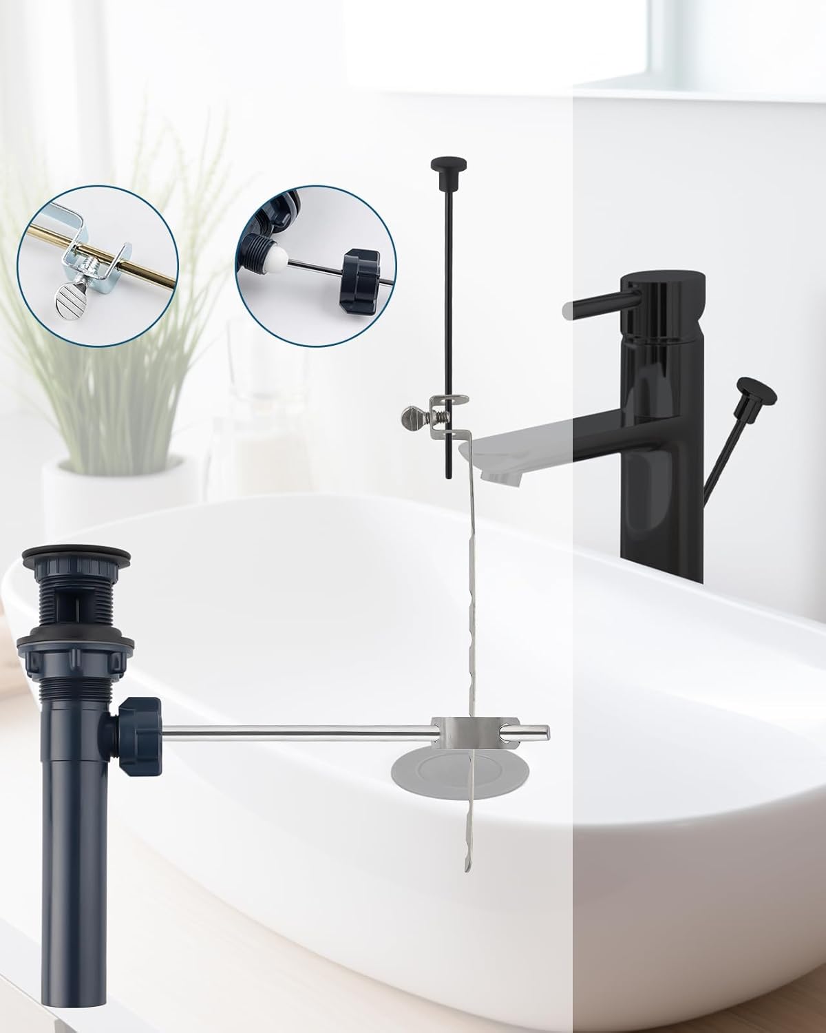 2PCS Bathroom Sink Drain with Lift Rod, Pop Up Sink Drain with Overflow, Universal Fit, Oil Rubbed Bronze Drain Stopper for Vessel Sink, Assembly for Bathroom Faucet Sink - Image 2