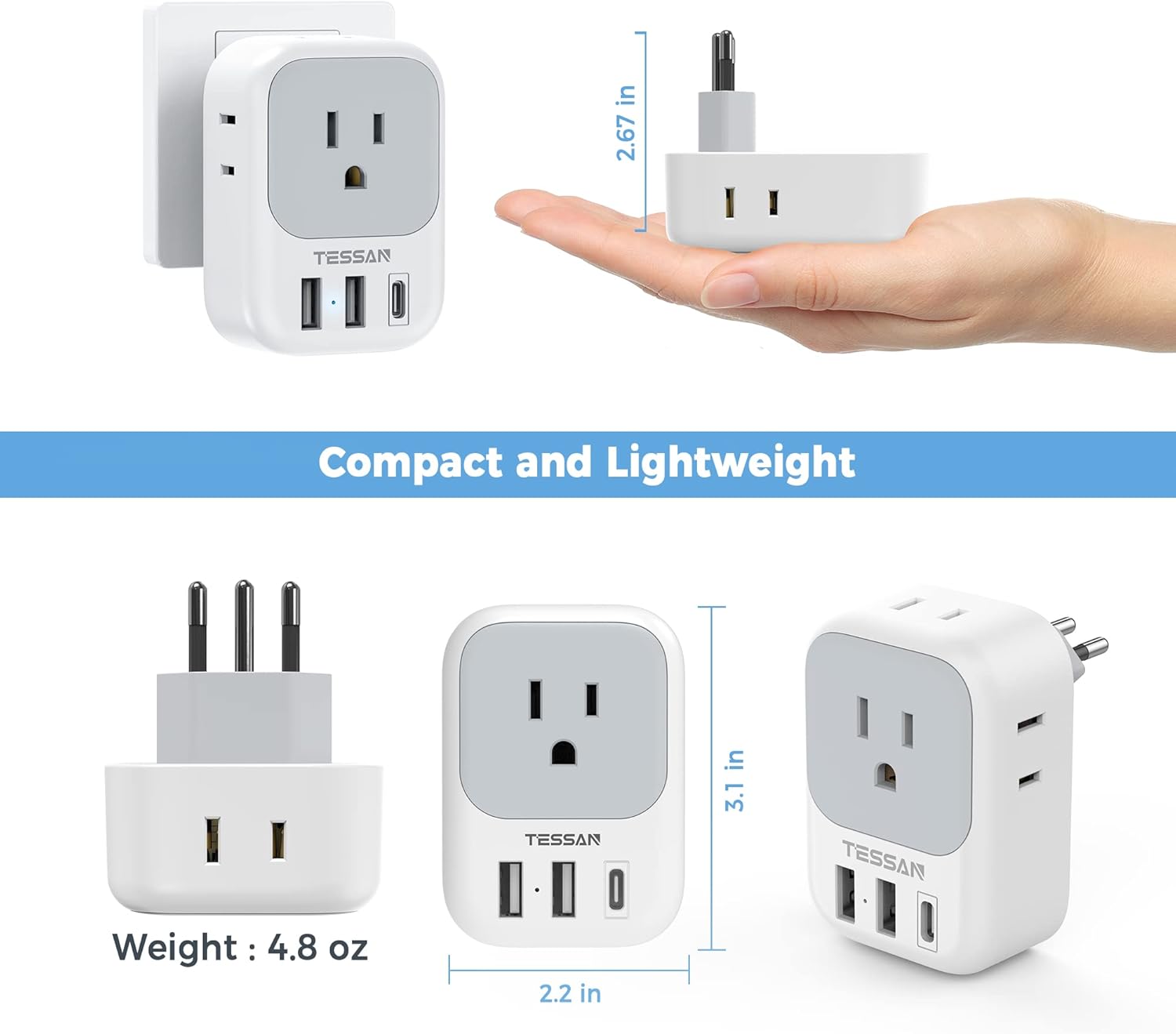 TESSAN Brazil Power Adapter, US to Brazil Travel Plug with 4 American Outlets 3 USB Charger (1 USB C Port), Type N Adaptor for USA to Brazilian Brasil - Image 5