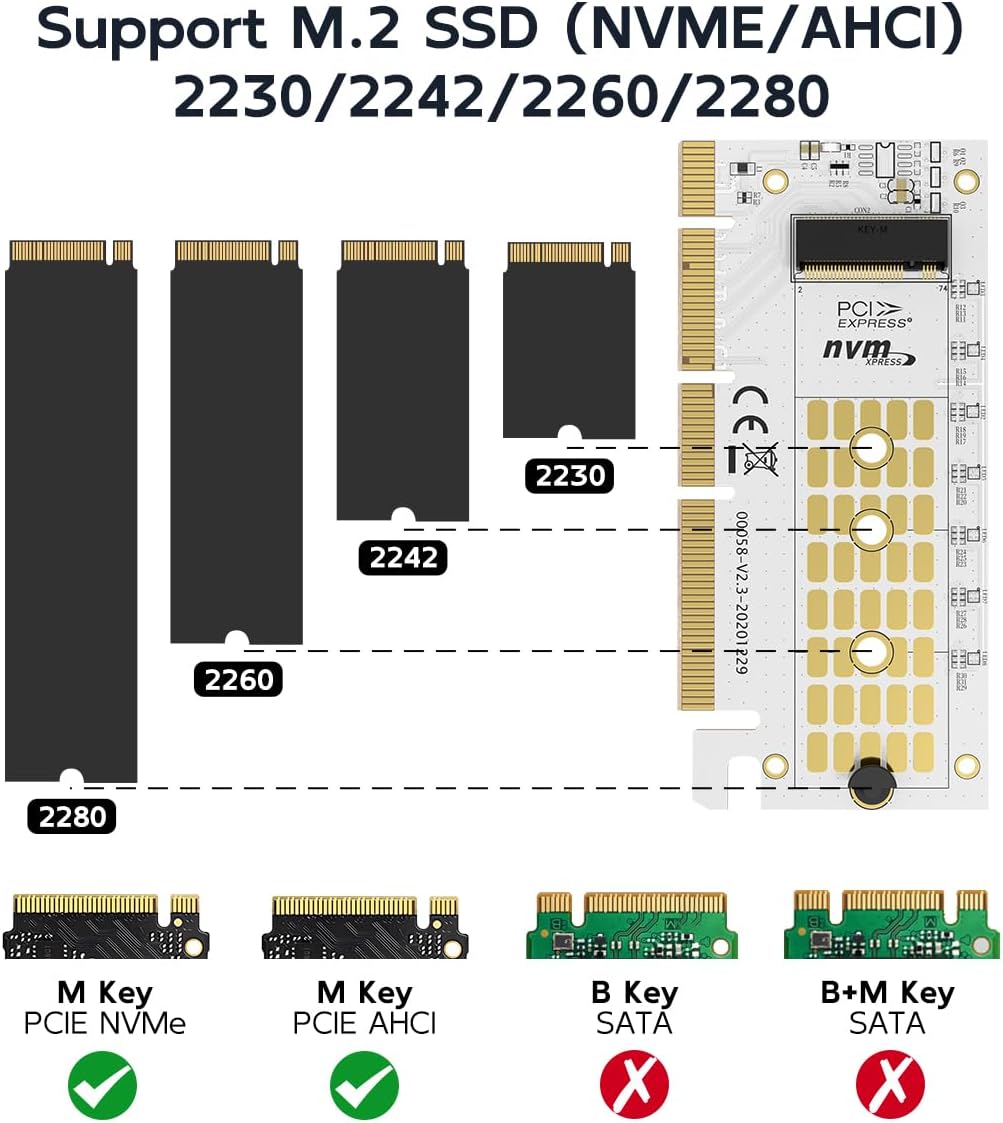MAIWO M.2 NVMe SSD to PCIe 4.0 X4 X8 X16 Adapter Card with Aluminum Heatsink Max 64Gbps, Expansion Card for M.2 PCIe NVMe/AHCI M-Key B+M Key 2280 2260 2242 2230 SSD, Tool Free - Image 2