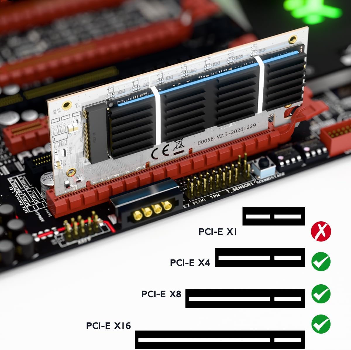 MAIWO M.2 NVMe SSD to PCIe 4.0 X4 X8 X16 Adapter Card with Aluminum Heatsink Max 64Gbps, Expansion Card for M.2 PCIe NVMe/AHCI M-Key B+M Key 2280 2260 2242 2230 SSD, Tool Free - Image 4