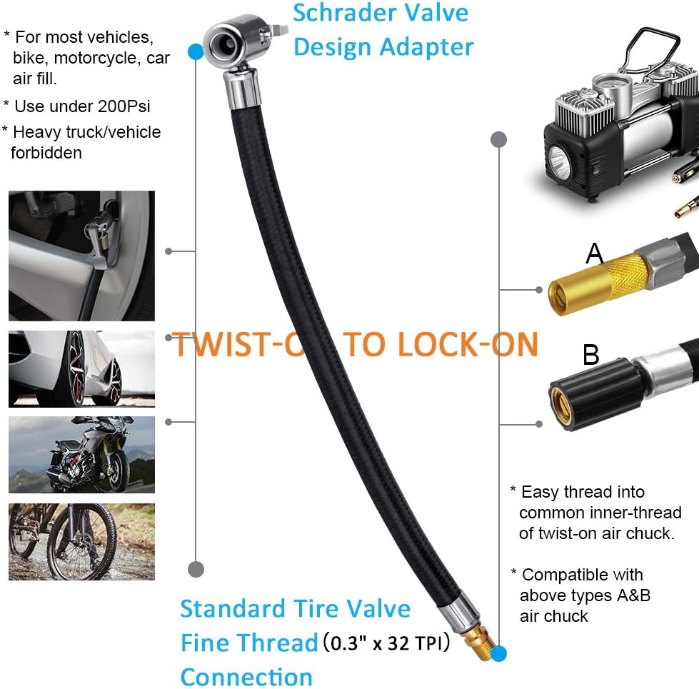 LUMITECO Locking Tire Chuck with Rubber Hose and Standard Tire Valve Fine Thread, Tire Inflator Pump Hose Adapter for Twist On Convert to Lock On Connection - Image 7