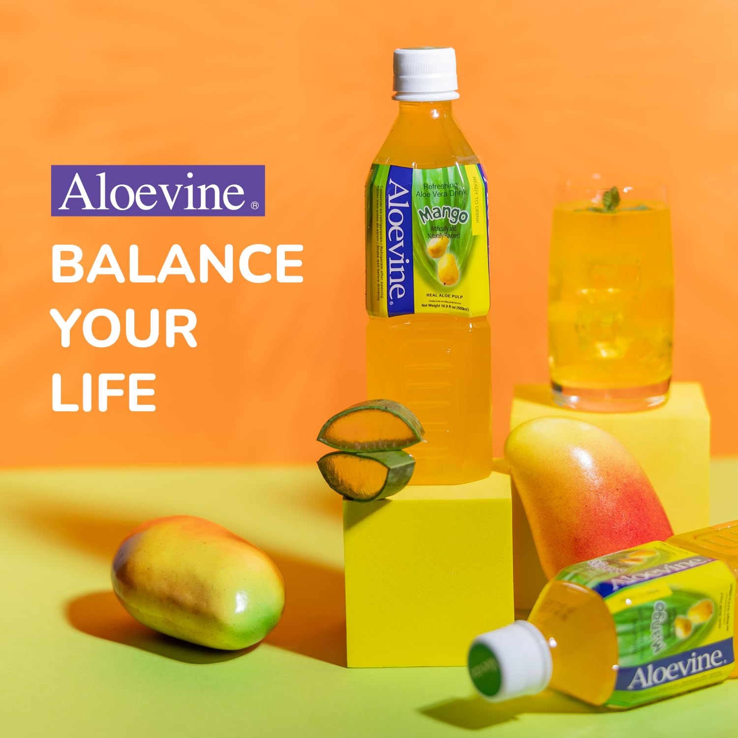 Aloevine Aloe Vera Drink Mango healthy juice pure with chunks of aloe l 16.9 oz. 10 pack l plant based Vegetable Korean drinks - Image 2