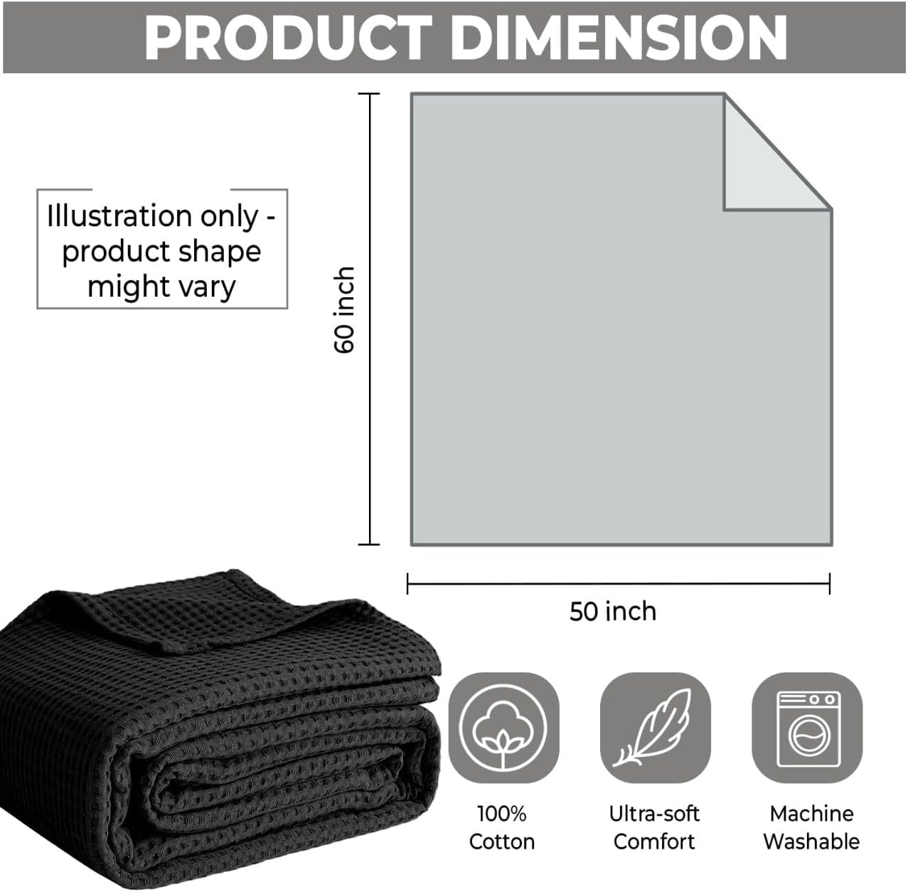 100% Cotton Blankets for Bed - Waffle Weave Blankets for Summer, Lightweight and Breathable Soft Woven Blanket for Spring (Black, Throw (50" x 60")) - Image 2