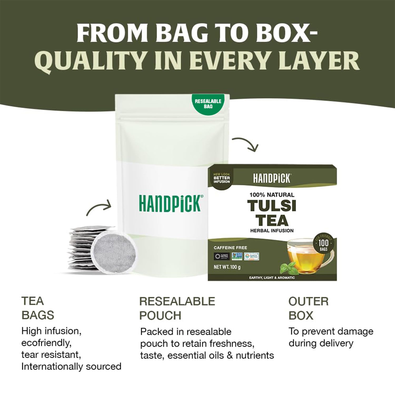 HANDPICK Original Tulsi Tea (100 count) Holy Basil Tea | Non-GMO, Caffeine-Free Herbal Tea | Ecofriendly Round Tea Bags - Image 6