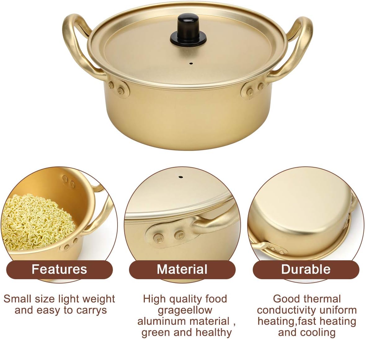 Korean Ramen Cooking Pot, AHIER Korean Ramen Noodle Pot With Lid, Spoon and Chopsticks (1pair), Fast Heating for Kitchen Cookware (Double handle) (6.3in) - Image 2