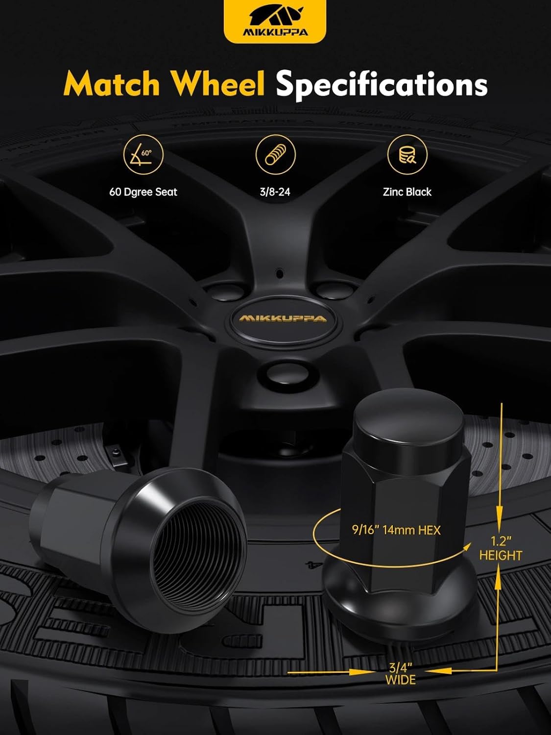 MIKKUPPA 3/8"-24 ATV Wheel Lug Nuts - Replacement for Polaris Ranger 700 RZR 900xp 800 S 570 Aftermarket Wheel, Black 16pcs 14mm Hex Cone Seat 3/8x24 Tire Lug Nuts - Image 2