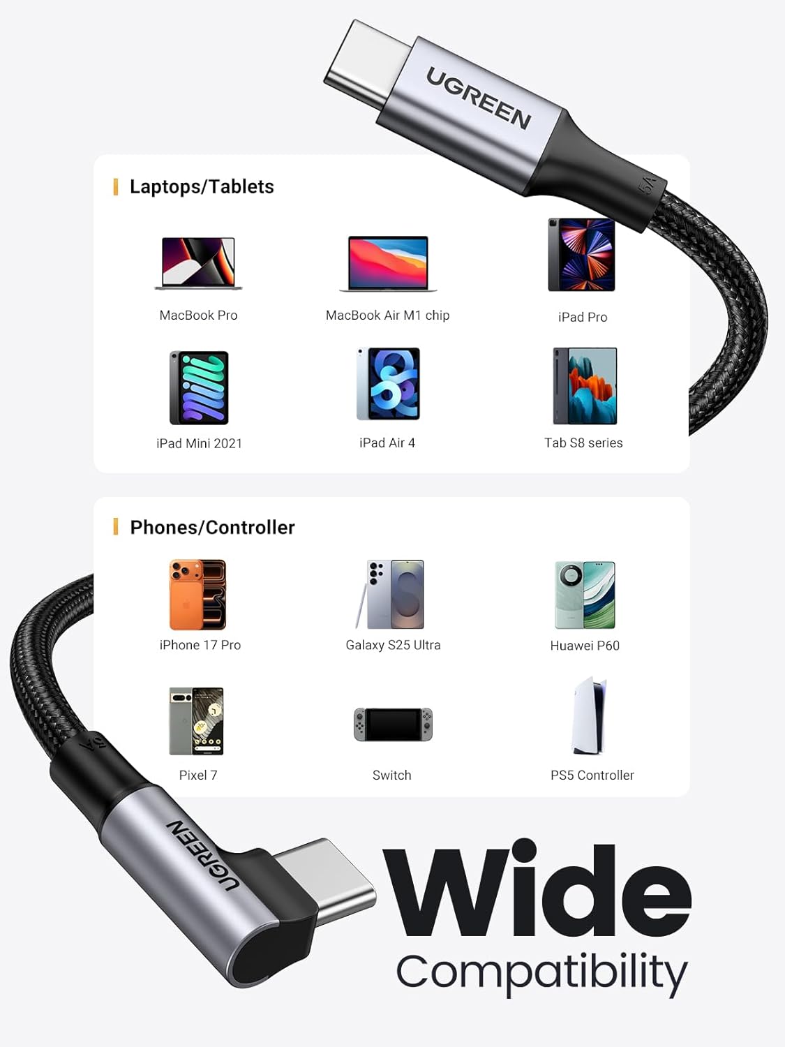 UGREEN Right Angle USB C to USB C Cable, 100W Type C 90 Degree Fast Charging Cable Compatible with iPhone 17/17 Air/17 Pro/16, MacBook Pro 2022, iPad Pro 2022, Dell XPS, Samsung Galaxy S25/S24, 10FT - Image 5