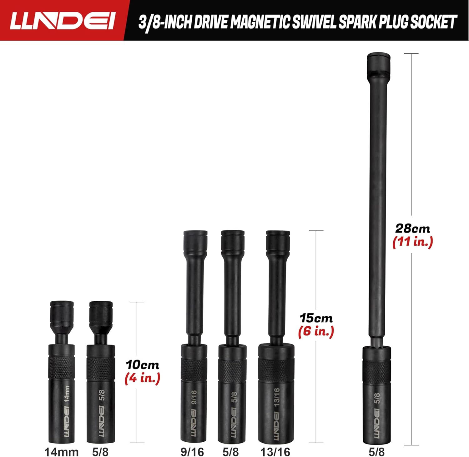 LLNDEI 3/8-Inch Drive Magnetic Swivel Spark Plug Socket Set, Include 12-Point: 14MM 4-inch, 5/8-inch 4-inch, 9/16-inch 6-inch, 5/8-inch 6-inch, 13/16-inch 6-inch and 5/8-inch 11-inch - Image 2