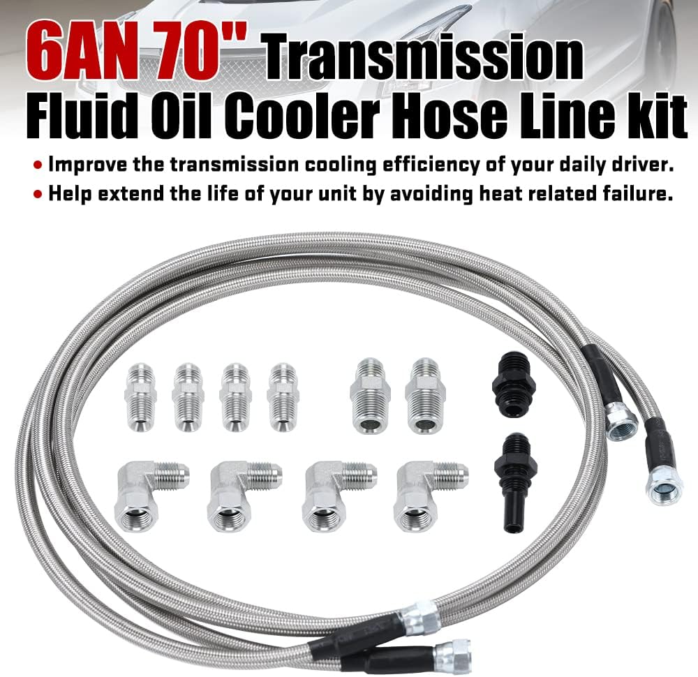 6AN 70" Transmission Fluid Oil Cooler Hose Line kit for GM Chevy Transmission 4L80E TH350 TH400 4L60E 700R4 200-4R TR6060 Ford AOD 4R100 4R70W and C5 Stainless Steel Braided PTFE Hose - Image 2