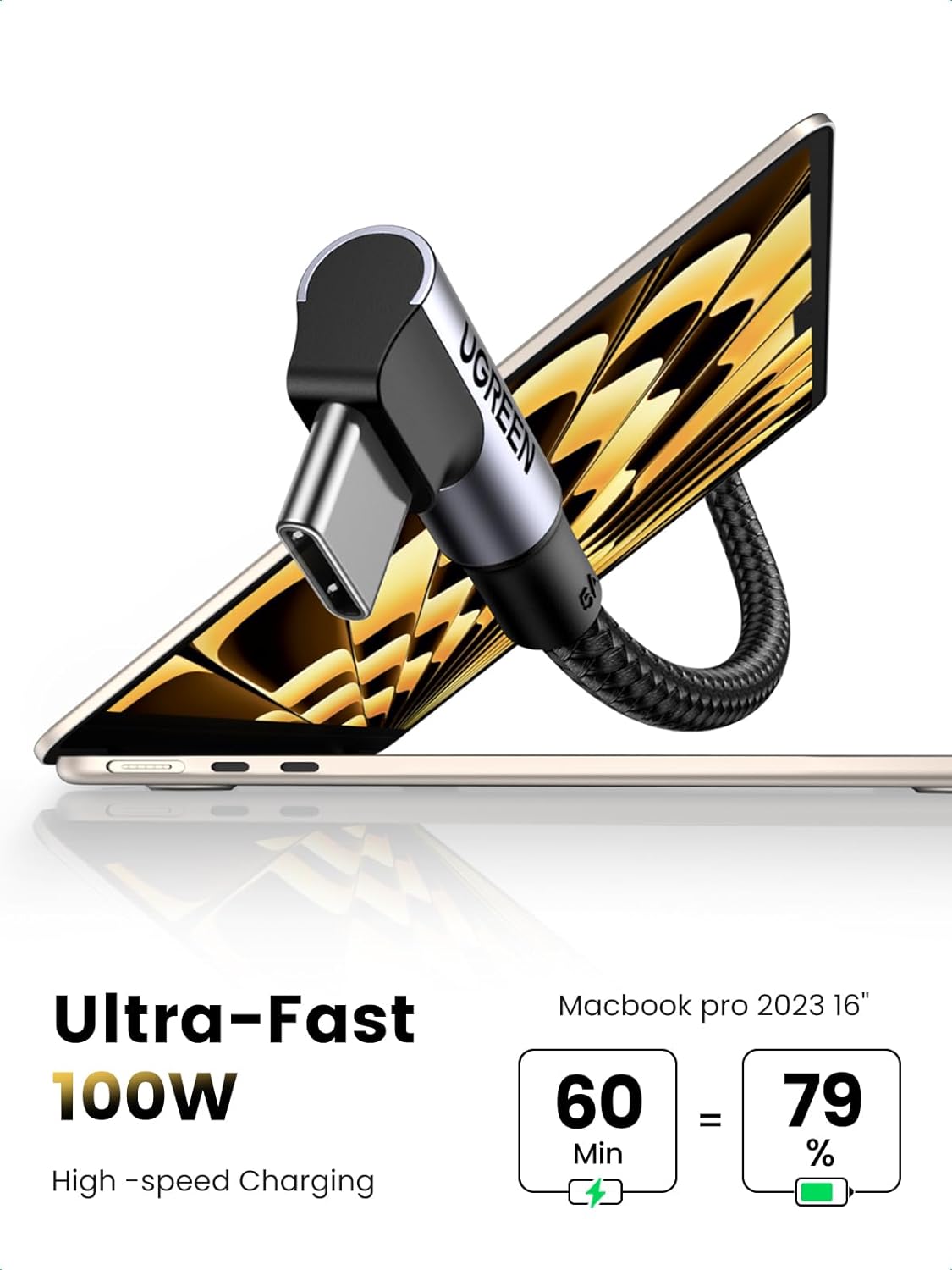 UGREEN Right Angle USB C to USB C Cable, 100W Type C 90 Degree Fast Charging Cable Compatible with iPhone 17/17 Air/17 Pro/16, MacBook Pro 2022, iPad Pro 2022, Dell XPS, Samsung Galaxy S25/S24, 10FT - Image 2