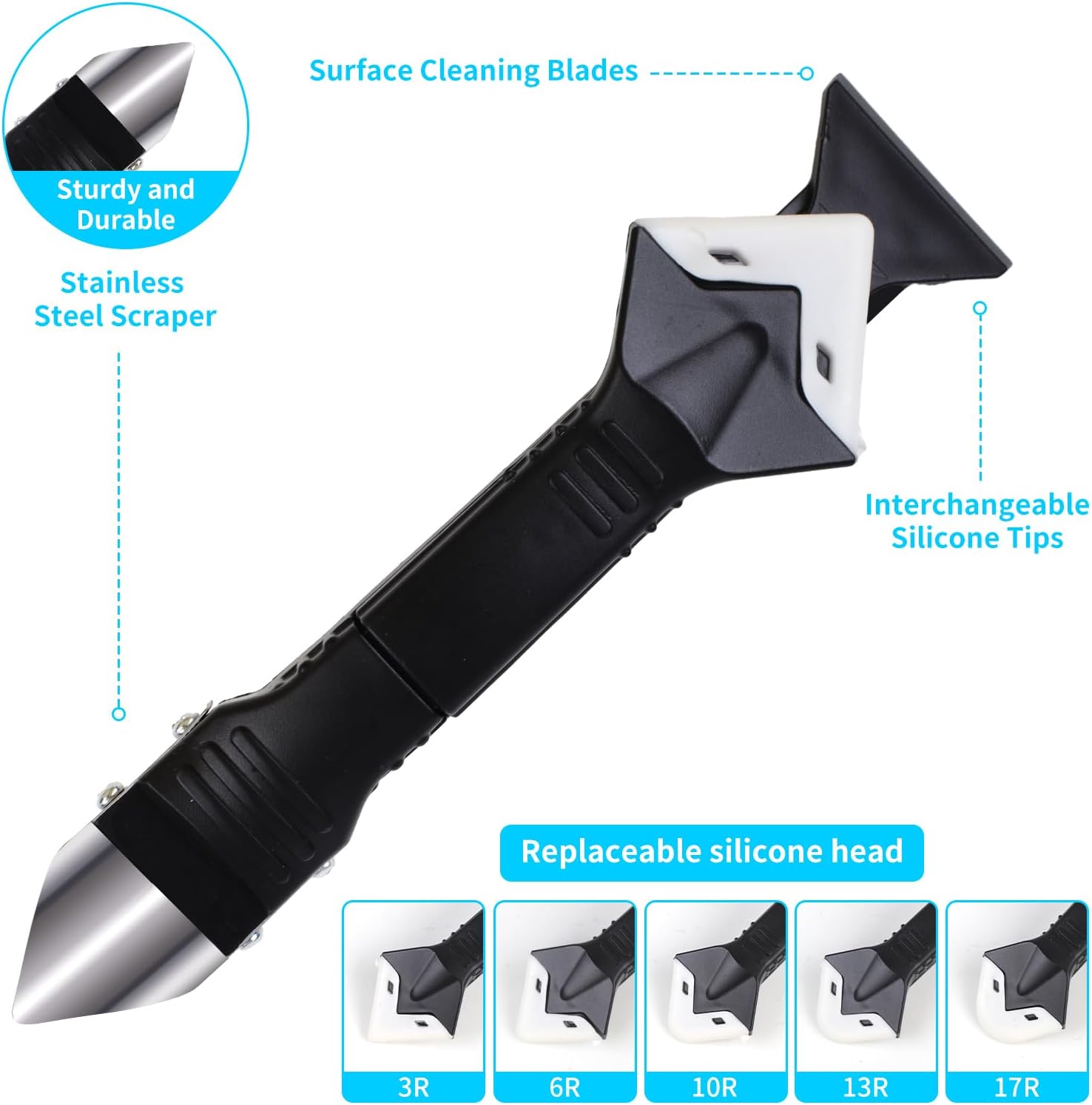 11Pcs Silicone Caulking Tools 3 in1 Grout Removal Tool(Stainless Steelhead)&Grout Remove Scraper,5 Silicone Replaceable Pads,4 Glass Glue Angle Scraper, Caulk Remover for Kitchen/Bathroom/Window/Joint - Image 3