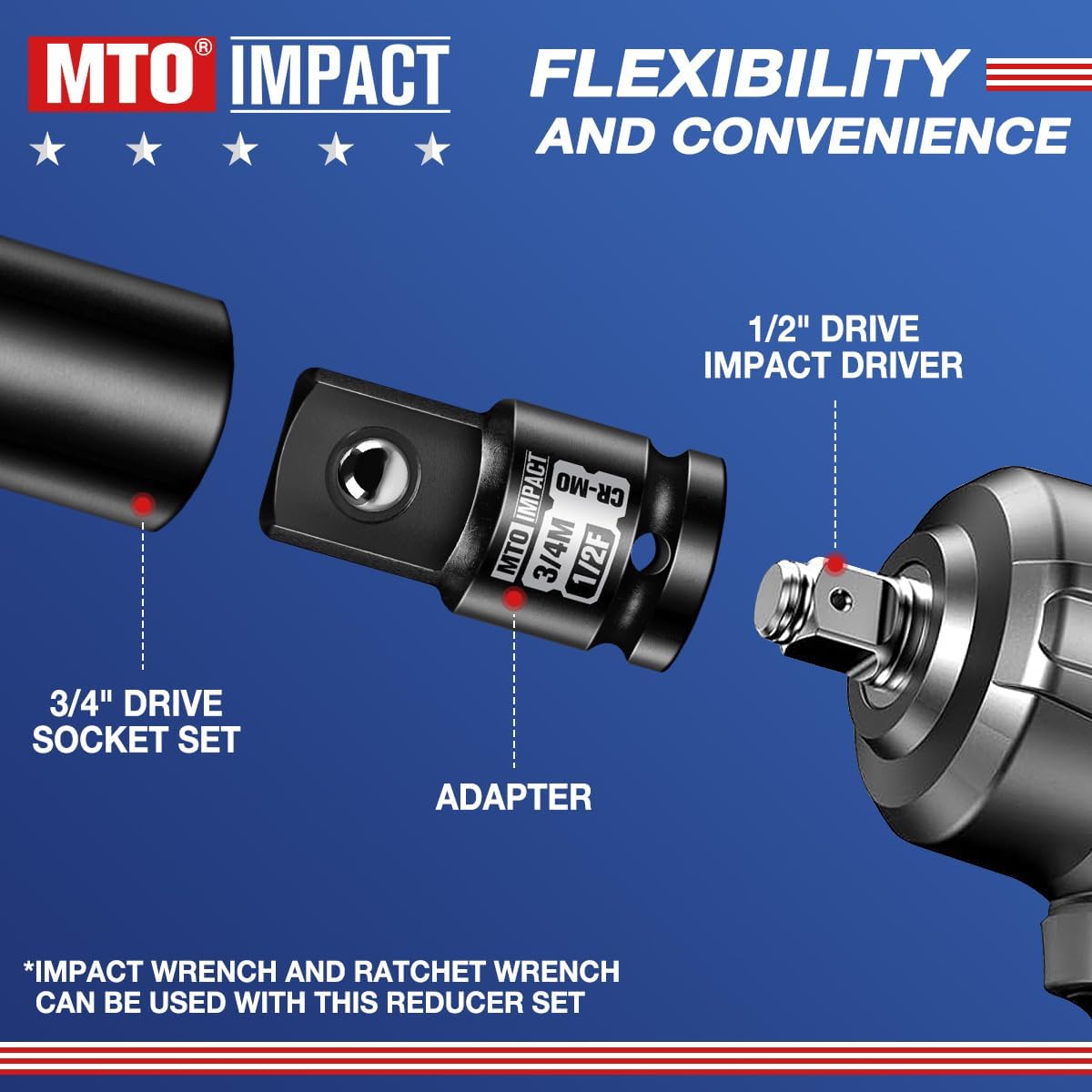 MTO 1/2" Female to 3/4" Male Impact Socket Adapter, 1/2-Inch Impact Socket Adapter, Chrome Molybdenum Alloy Steel - Image 4