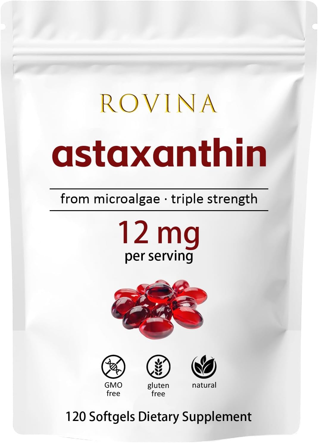 Rovina Astaxanthin 12mg Softgels • Powerful Natural Antioxidant to Support Eye Comfort, Skin Vitality & Immune Health • Gluten Free • 120 Grains