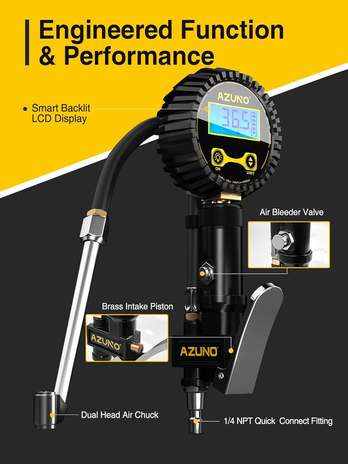 AZUNO Digital Tire Inflator with Pressure Gauge, 200 PSI, Heavy Duty Air Compressor Accessories, w/Rubber Hose Lock on Air Chuck and Quick Connect Coupler - Image 7
