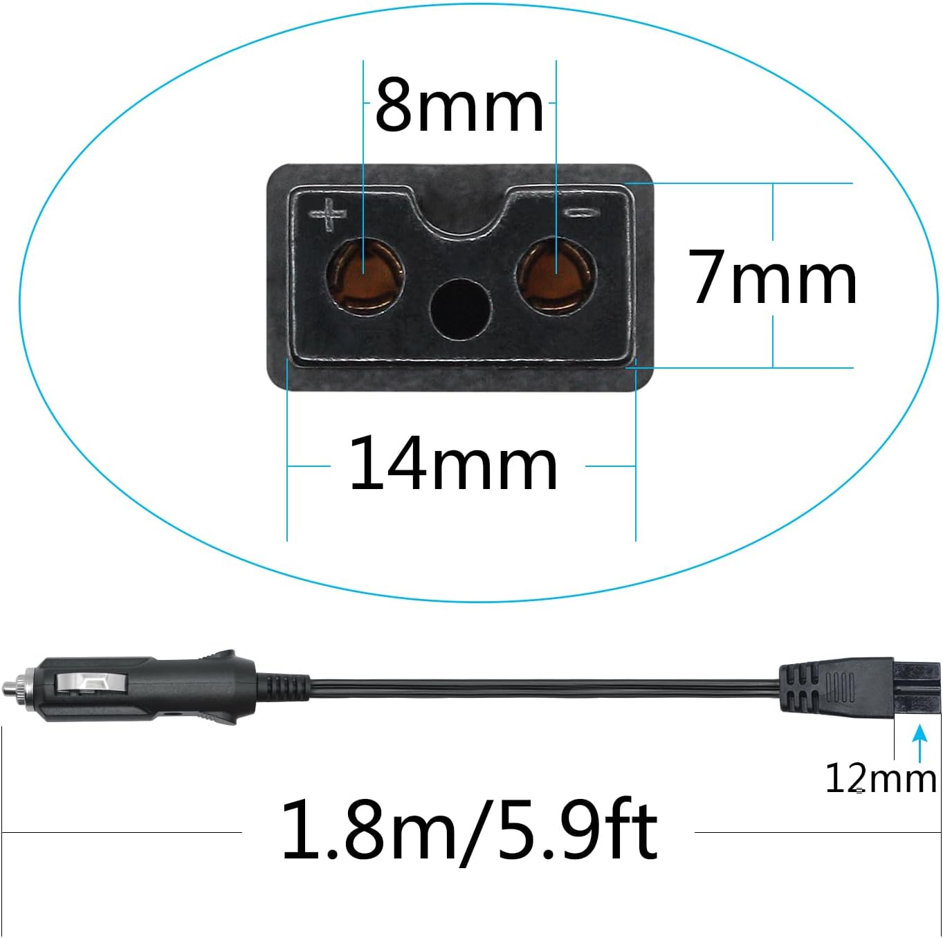 12V Car Cooler Plug Power Cable,Mini Fridge Cool Replacement Power Extension Cable,Car Cooler 2 Pin Lead Wire Plug (1.8M) - Image 7
