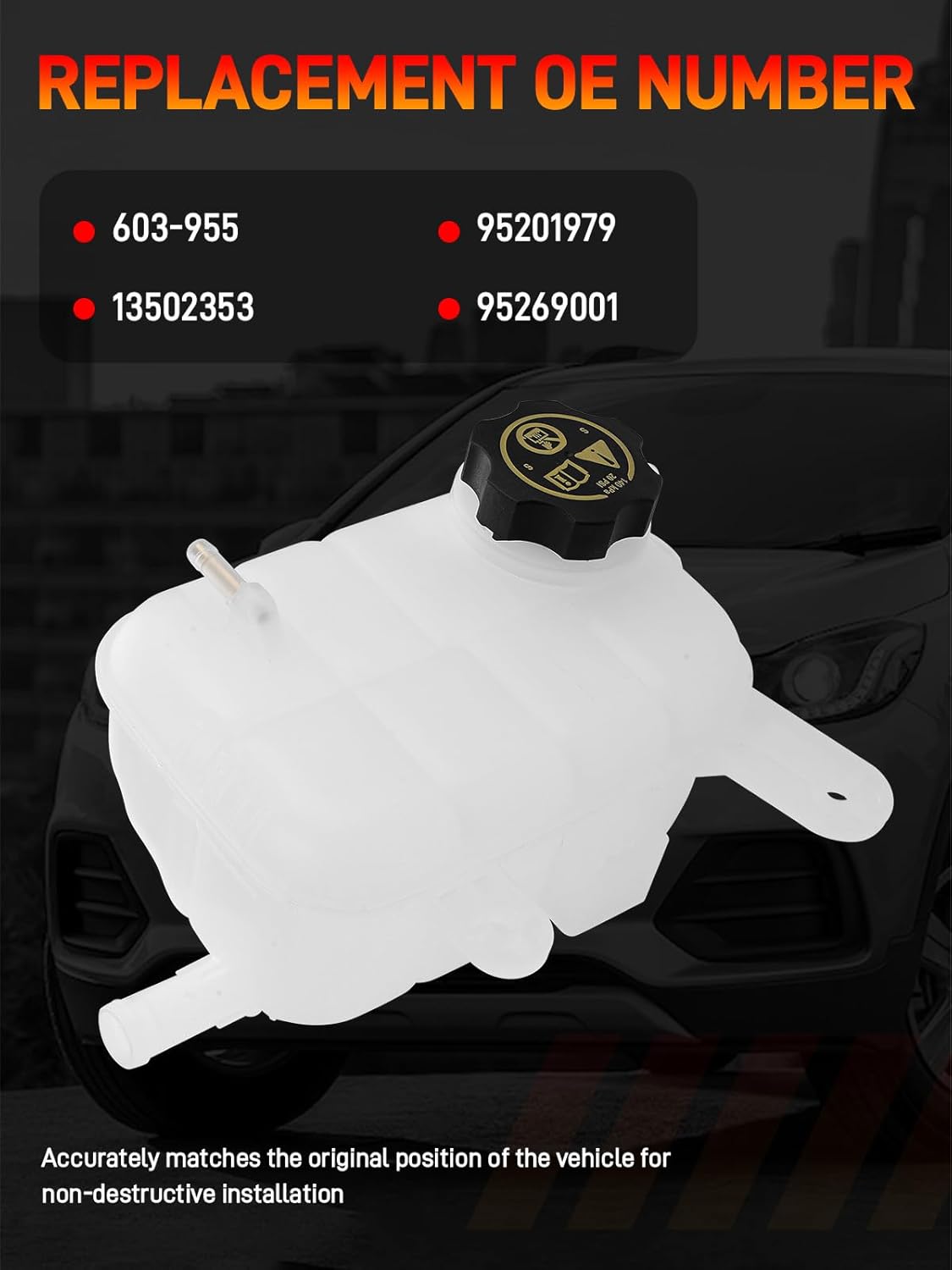 603-955 Engine Coolant Reservoir Tank with Cap, Radiator Overflow Tank Compatible with Buick Encore 1.4L, Chevy Trax 1.4L 1.8L Replaces# 95269001, 95201979 - Image 3