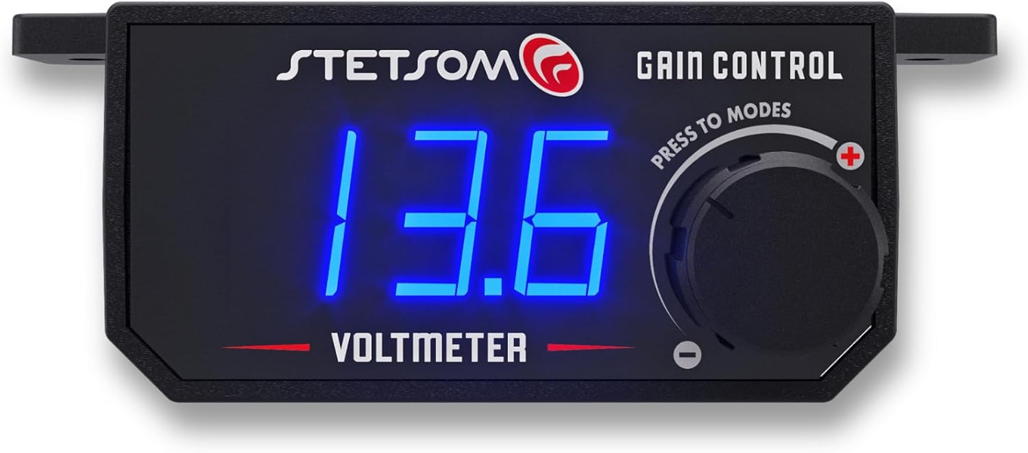 Stetsom 4in1 - Universal Bass Knob with Voltmeter, Gain Control + On/Off Switch + High to RCA Input Converter, Blue LED Display, One Touch On/Off Display, Continuous Touch On/Off Amplifier