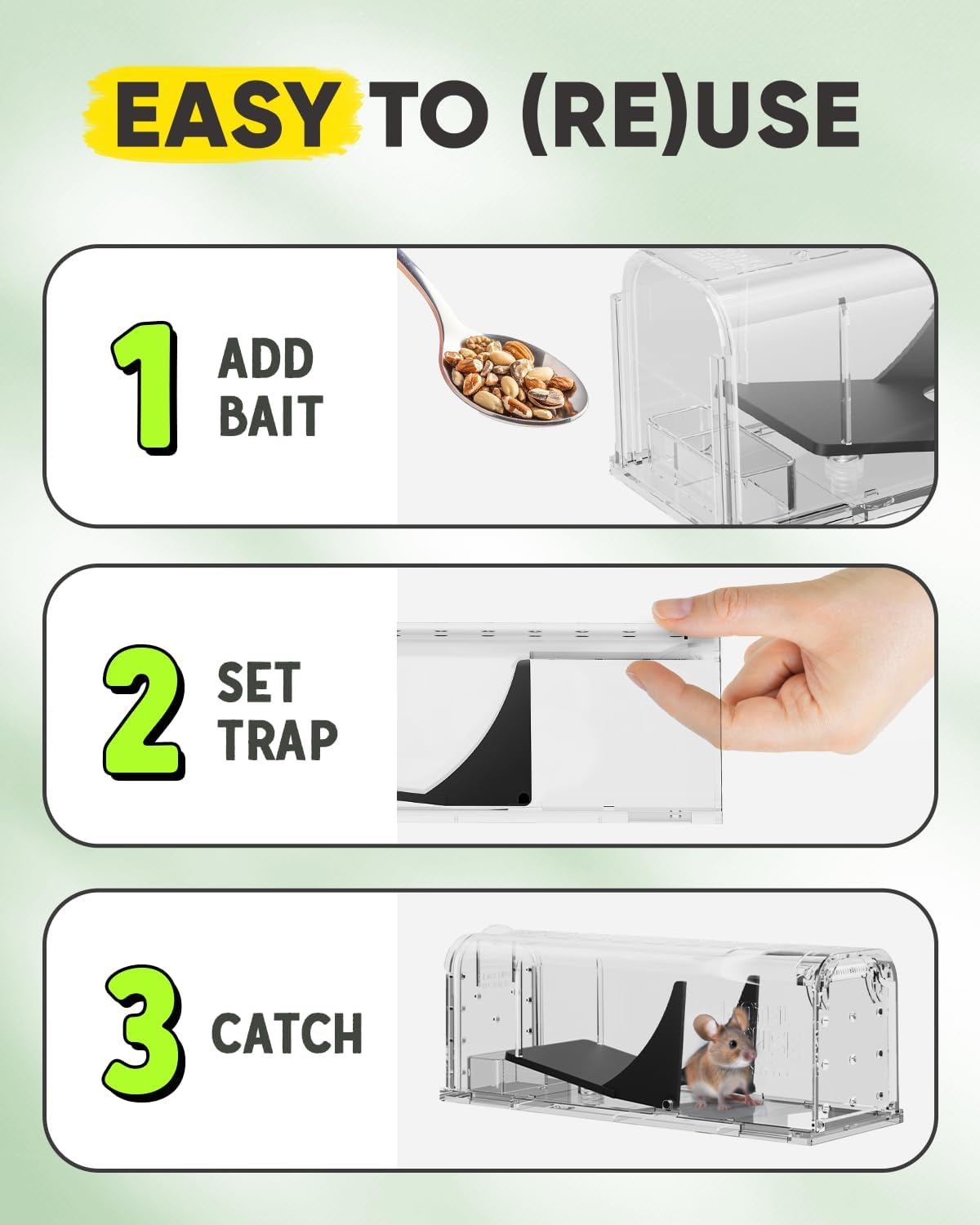 Motel Mouse Humane Mouse Traps No Kill Live Catch and Release 2 Pack - Reusable, Easy to Use & Clean, No Touch Release, Sensitive Includes Cleaning Brush, Instruction Manual & Video - Mousetrap Indoor - Image 5