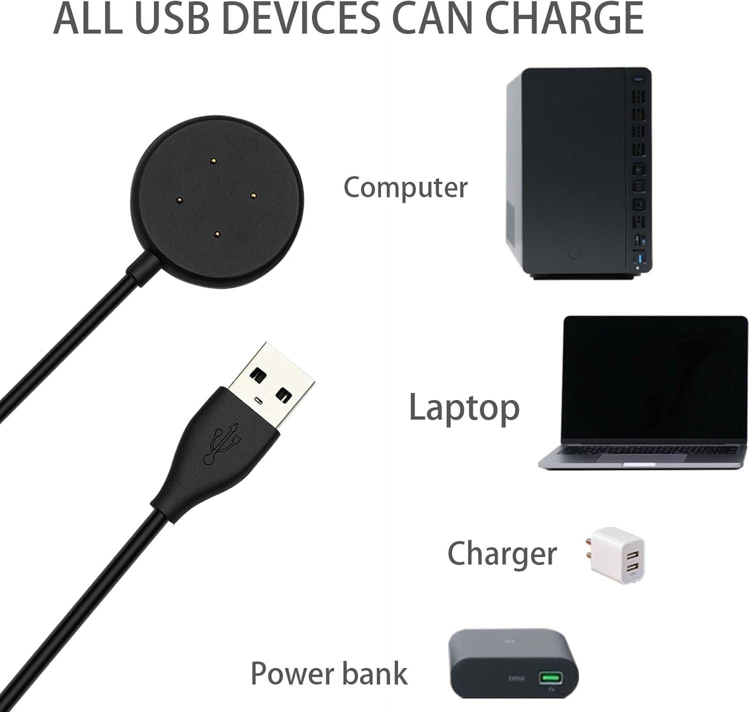 Compatible with Google Pixel Watch 3/Pixel Watch2 Chargers, 2 USB-A Type-C Ports,3.3 feet/100 Smart Watch Charging Cable Adapter, Accessories for Fitbit Ace LTE/Versa 3/Versa4 (2, Black White) - Image 6