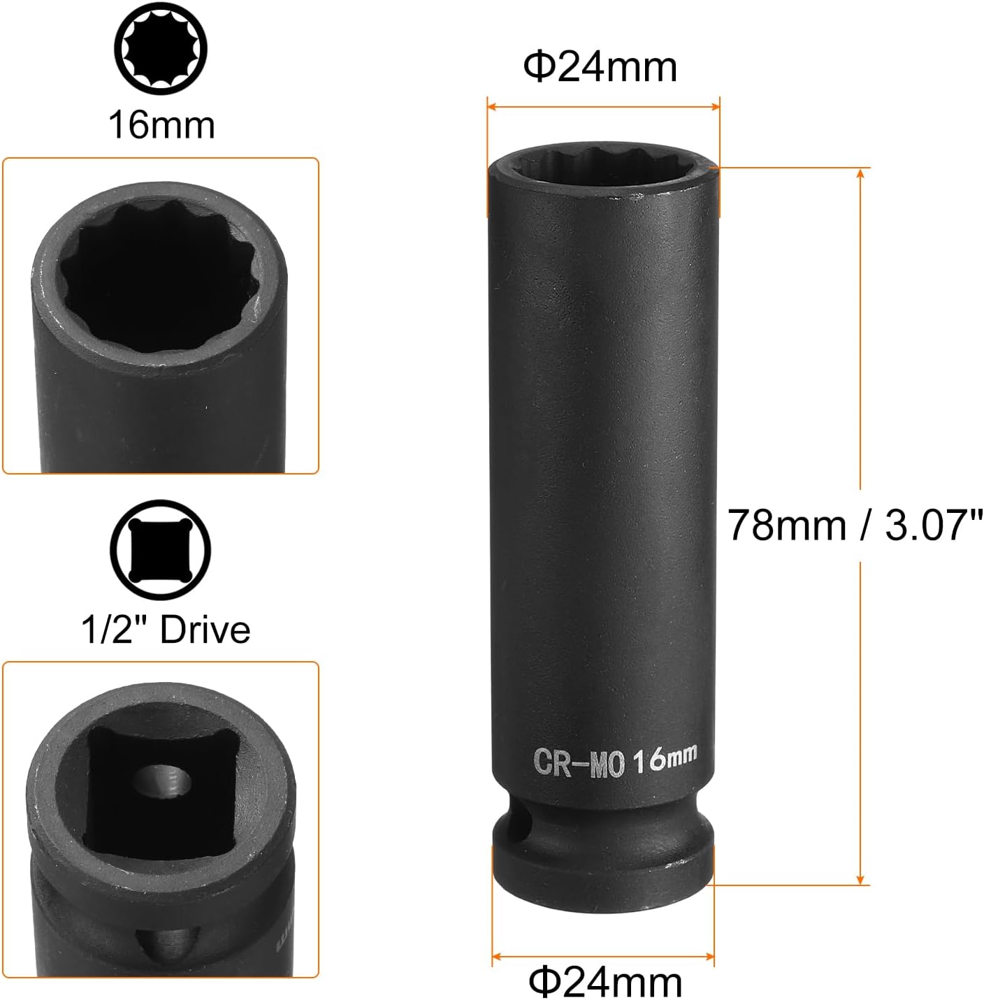 HARFINGTON 12-Point Deep Impact Socket 1/2 Inch Drive 16mm Metric Chrome Molybdenum Alloy Steel Spindle Axle Nut Impact Socket - Image 2