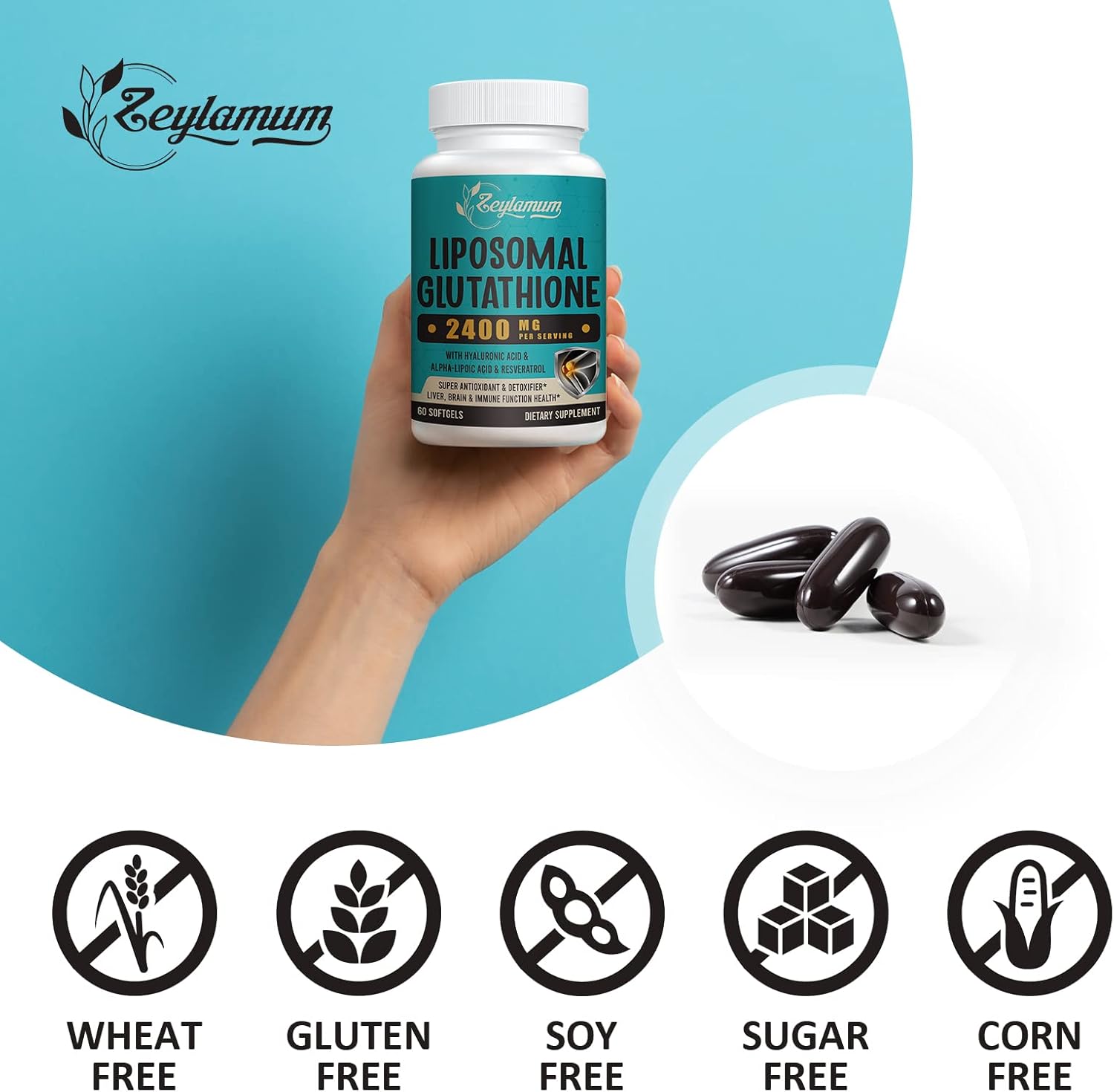 Zeylamum 2400 MG Liposomal Glutathione Softgels, Max Absorption, Active Form L-Glutathione Reduced (GSH), with Hyaluronic Acid, Resveratrol, Master Antioxidants for Brain, Immune System, 60 Softgels - Image 6