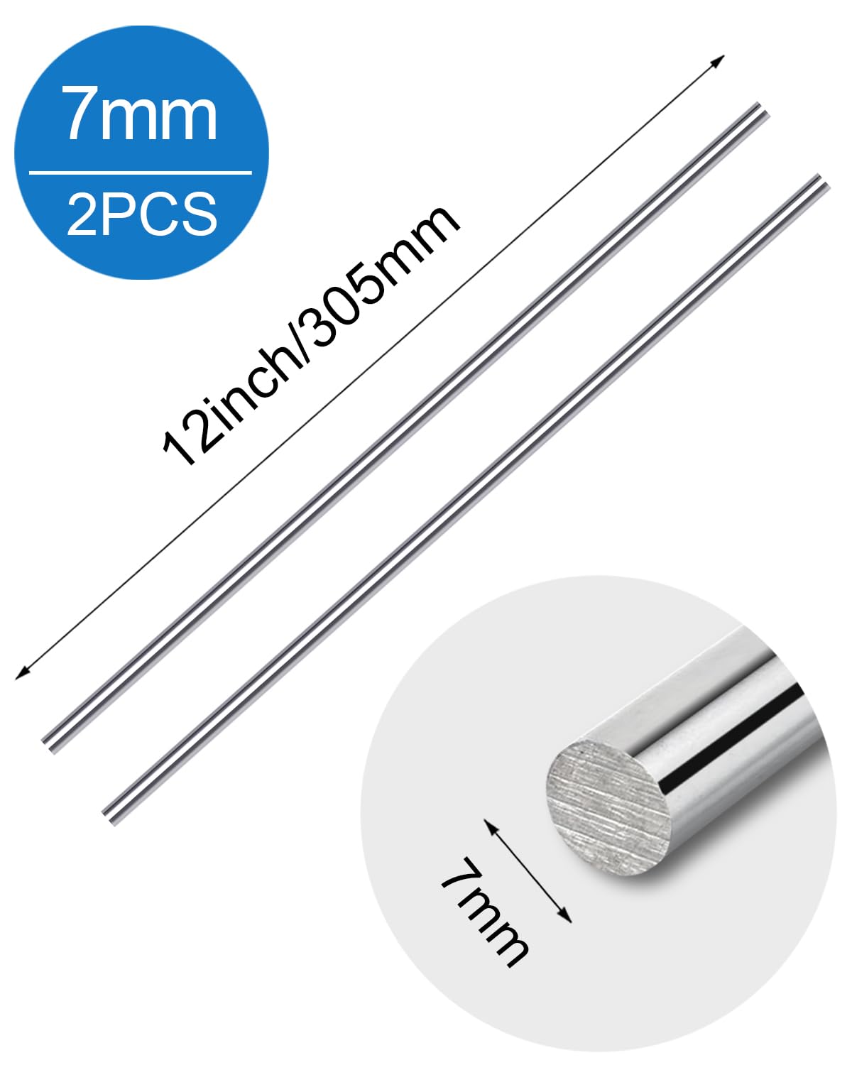 2 PCS 7mm 304 Stainless Steel Rods SS rods, Solid Metal Round Rods for DIY Crafts Industrial Use, Metalworking 305 mm/ 12 inch Length (2, 7mm) - Image 2