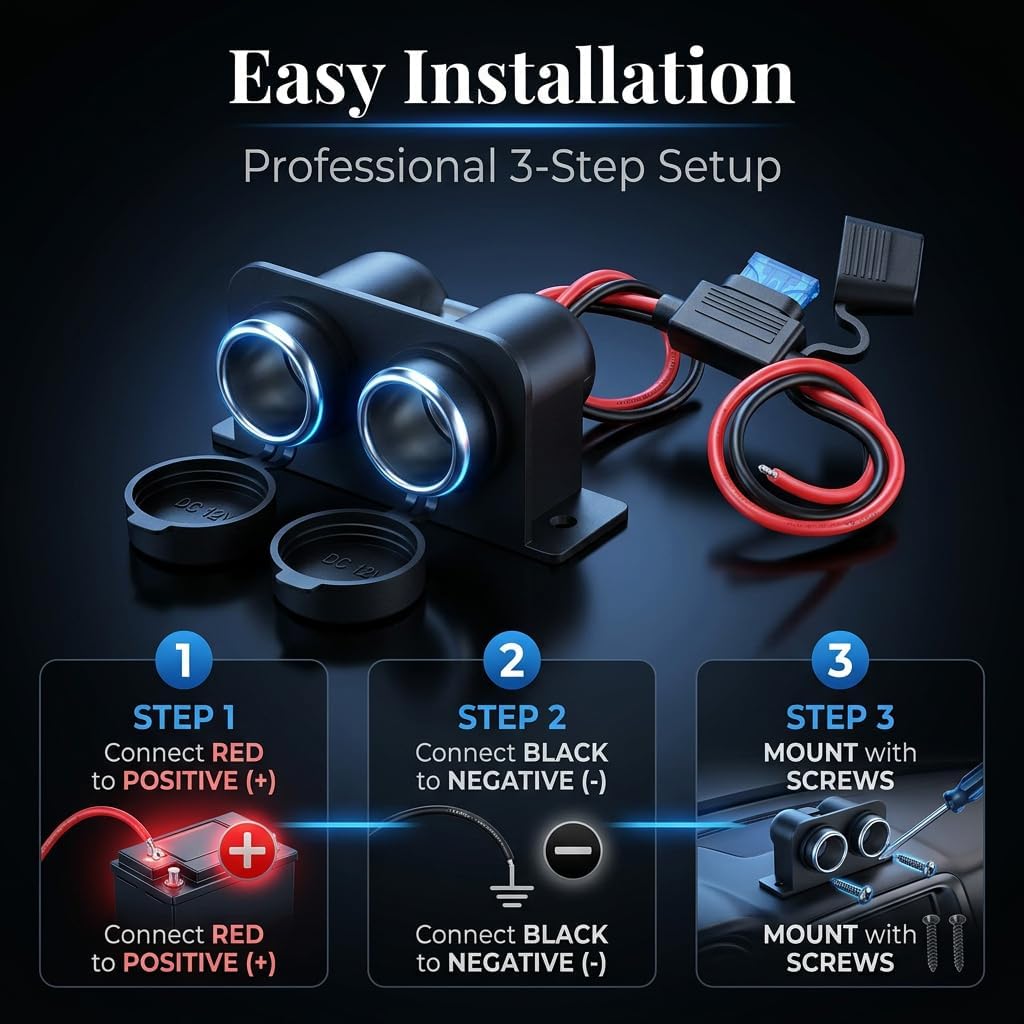1PCS Cigarette Lighter Socket with Blade Fuse, 2-Socket Cigarette Lighter Splitter 12V Lighter Power Outlet Replacement Waterproof Plug for Car Marine Truck ATV RV - Image 6