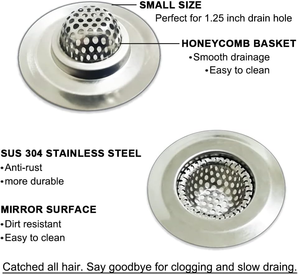 Seatery 1.25" Small Drain Strainer, Sink Drain Hair Catcher, Bathroom Sink Strainer, 2PCS Drain Mesh Baskets for Laundry, Mop Pool, Utility, Slop, RV Sink, Stainless Steel Drain Filter - Image 3